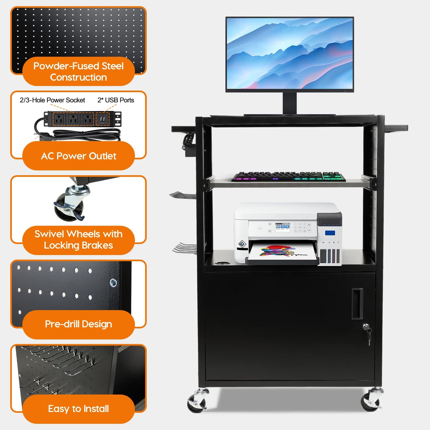 AV Cart with Wheels, Lockable Multimedia Computer Cart with Power Strip, Mobile Projector Cart with Pull-Out Keyboard Tray, Steel Cabinet Storage, Pegboard & Hooks for Classroom Office School