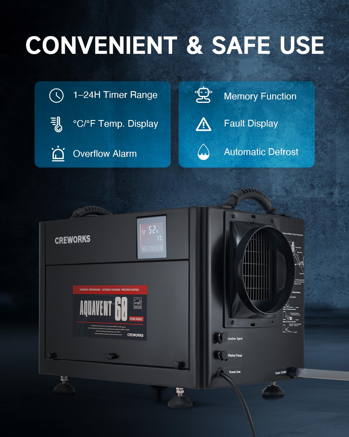CREWORKS 130 PPD Crawl Space Dehumidifier, Commercial Dehumidifier for Basement with Built-in Drain Hose, Crawl Space Dehumidification with Auto Defrost & Detachable Display Panel