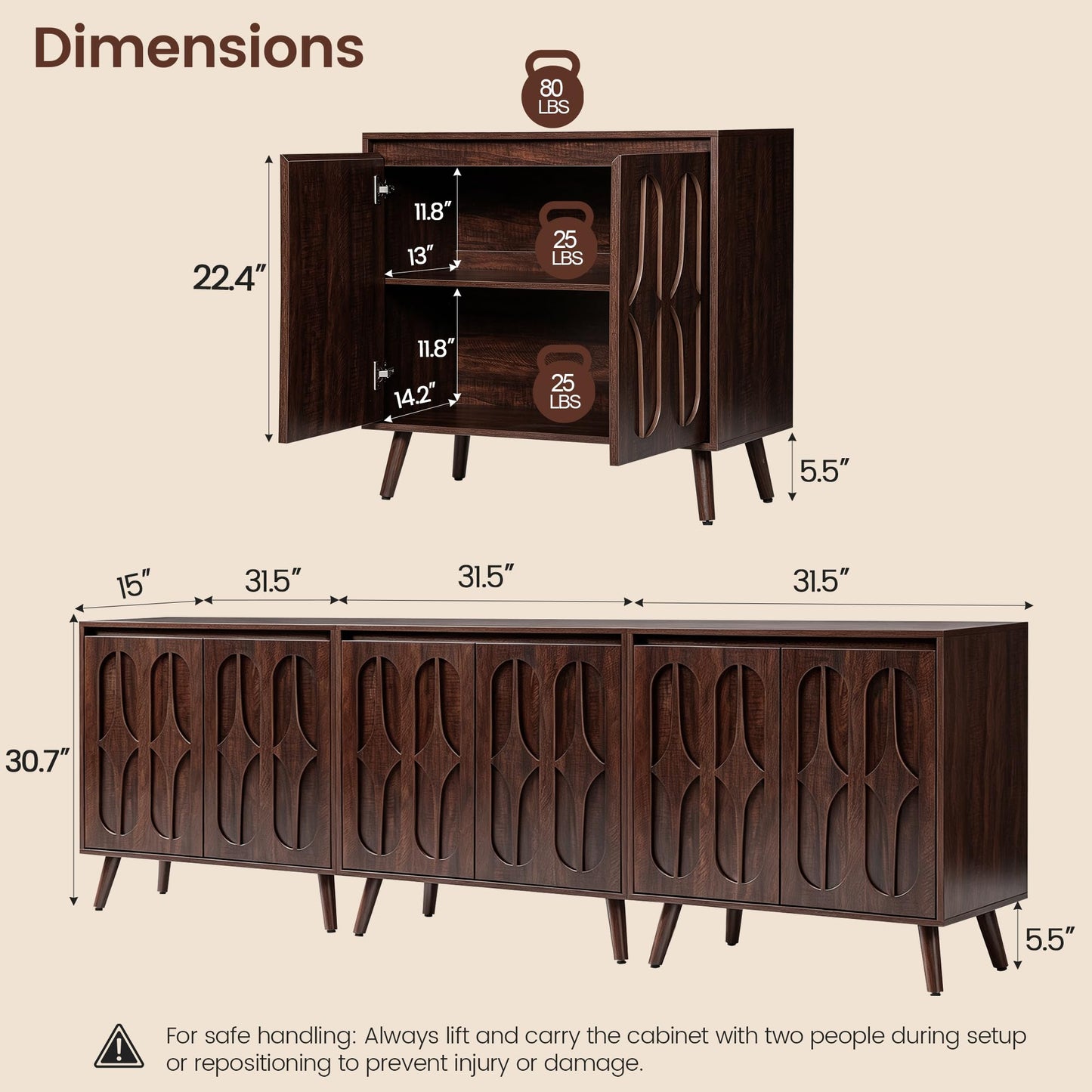 Janmer Home Sideboard Buffet Cabinet, Dark Walnut, 94.5inch Wide