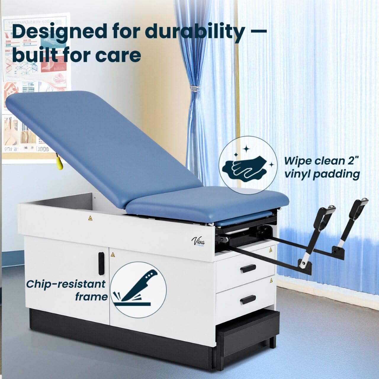 Vivacomfort Slim Line Medical Exam Table with Stirrups, Blue