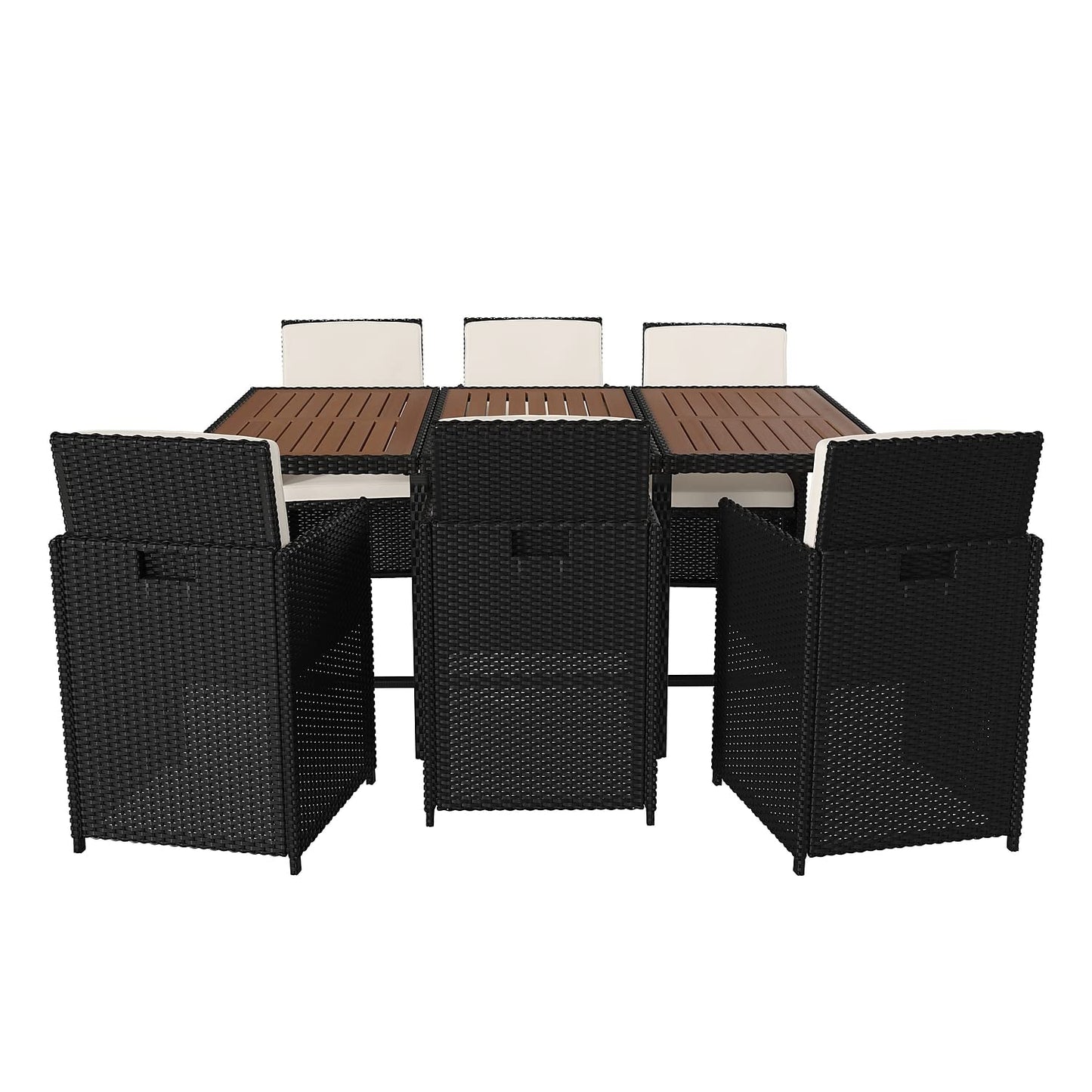 Flash Furniture Peregrine 7 Piece Outdoor Patio Dining Set - Space Saving Black Wicker Modular Chairs & Cream Cushions-Natural Finish Acacia Wood Table-Seating for 6
