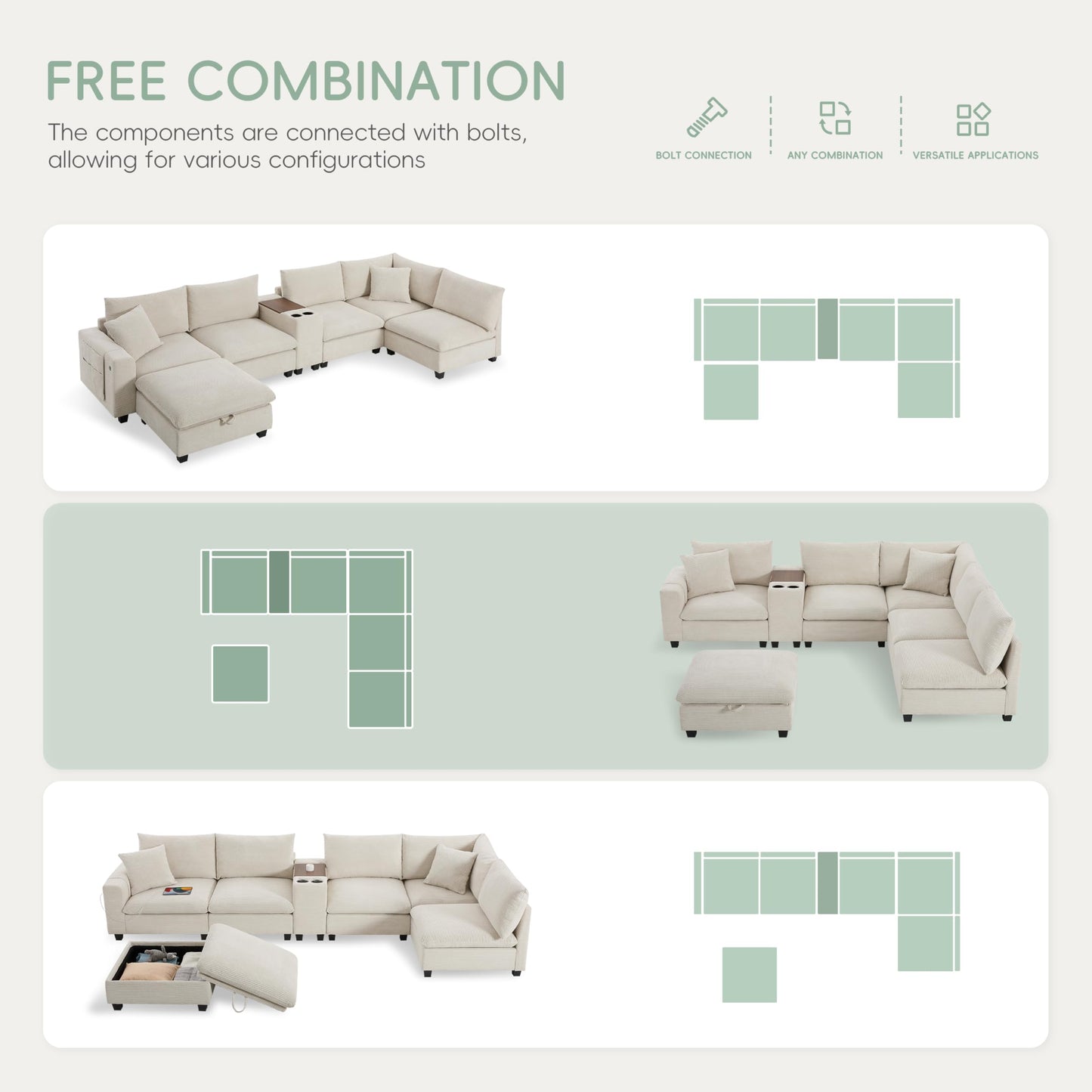 Merax 139'' Oversized Modular Sectional Sofa with Storage Ottoman and Console, Removable Storage Pockets, Cup Holder, Wide Seat, USB Charger, 6 Seat U Shaped Chenille Couch Set for Living Room, Beige