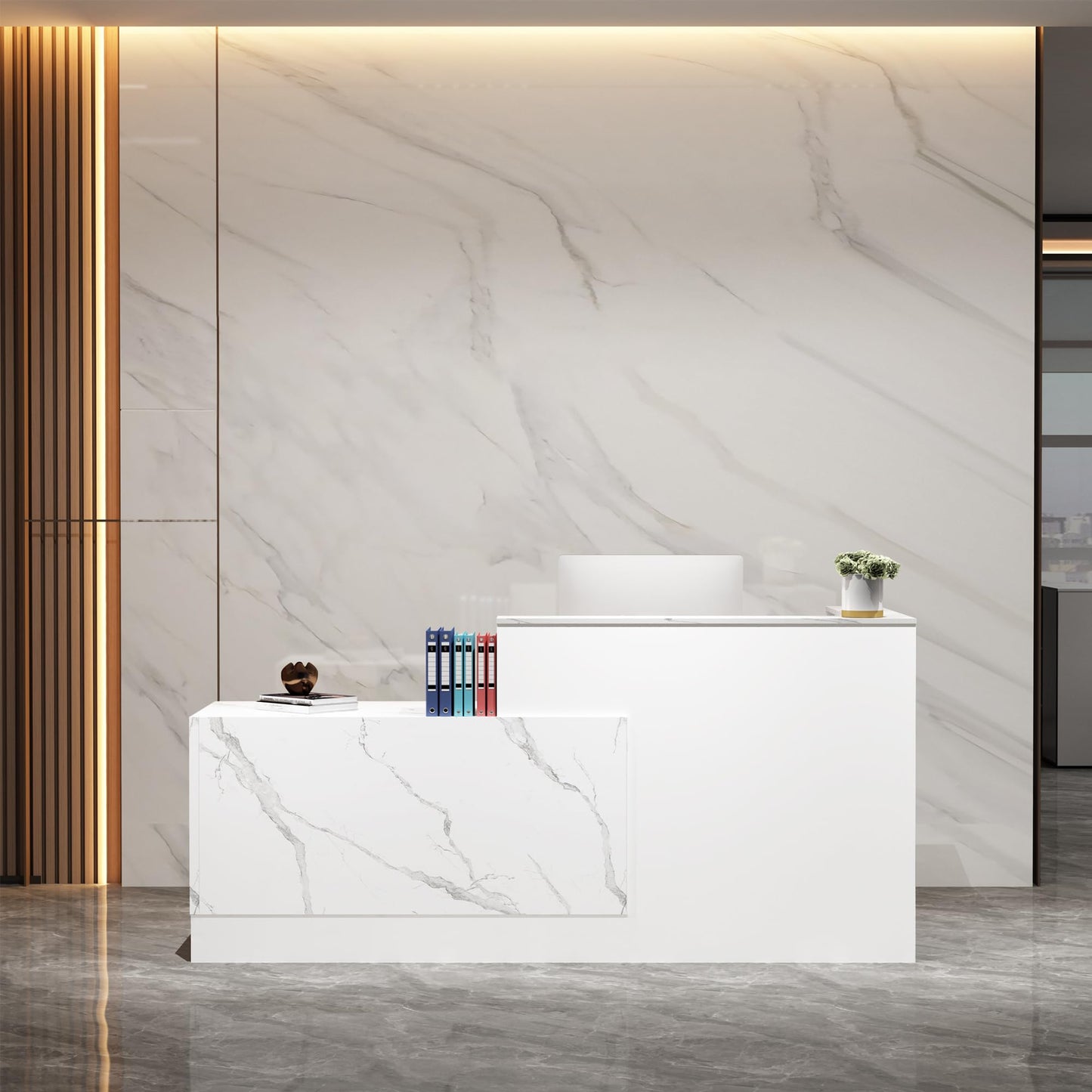 L-Shaped Reception Desk with Lockable Drawers, Adjustable File Cabinet & Keyboard Tray, Modern Front Counter for Office, Salon, or Lobby (Right-L Marble White/White, 86.6''L x 23.6''W x 41.3''H)