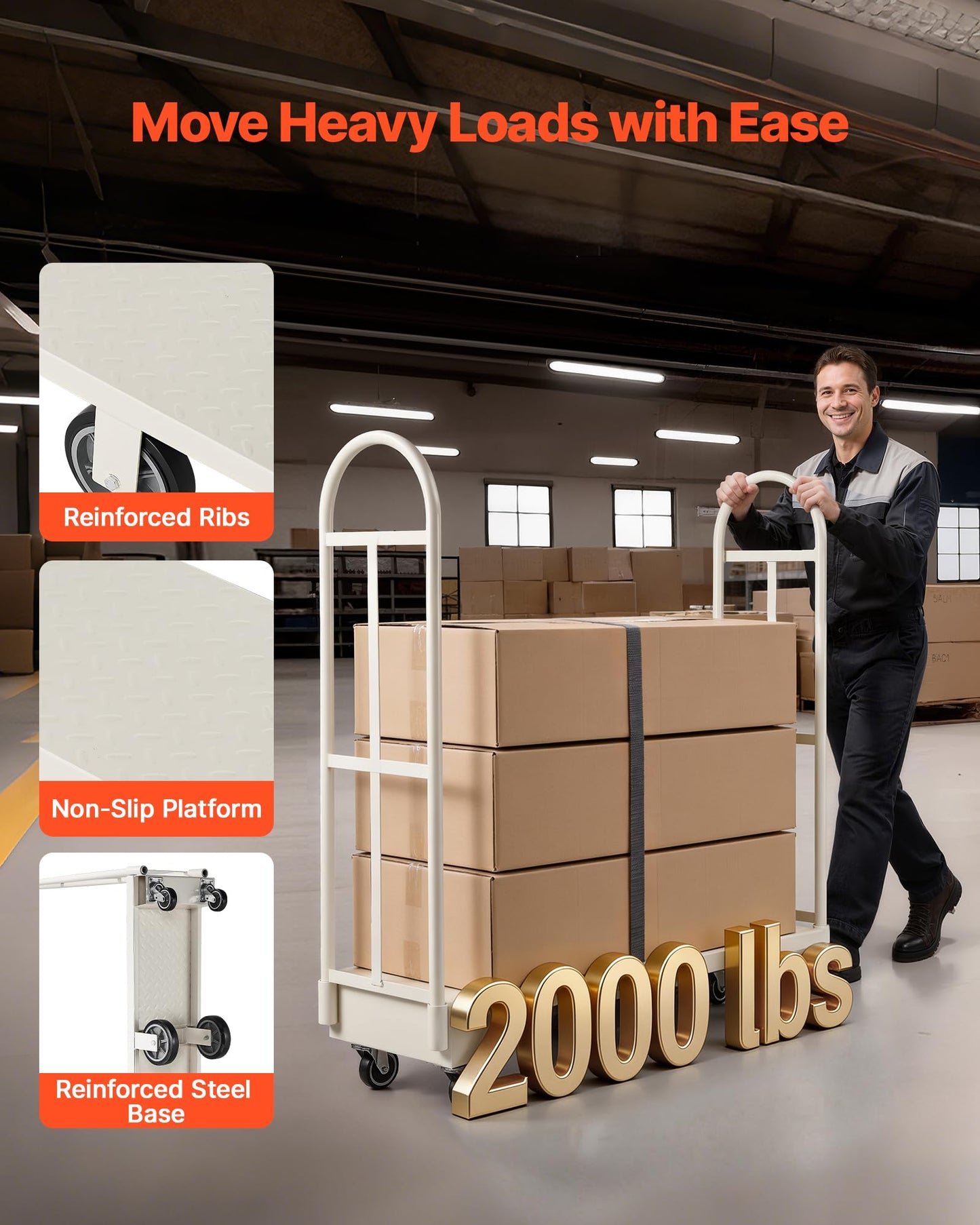VEVOR 2000LBS Heavy-Duty U-Boat Cart, Platform Truck Dolly with 6 Wheels & Dual Detachable Handles, Heavy Duty Steel Utility Cart for Warehouse/Manufacturing Plant/Logistics Center/Job Site