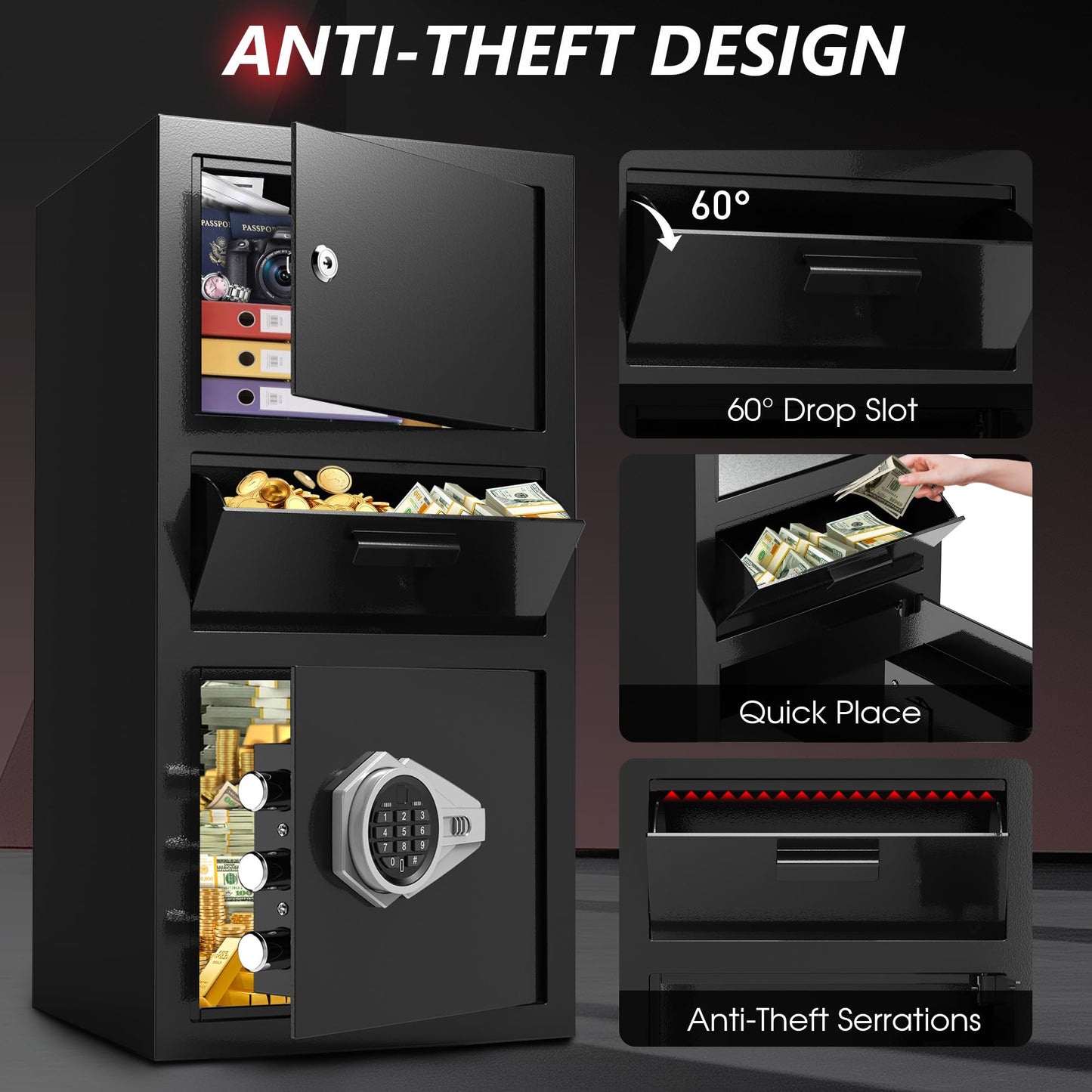 Emasme Money Safe for Cash, Digital Security Safe with Quick Place Drop Slot, Anti-Theft Small Safe for Documents Jewelry Retail Store Office Hotel (27''H)