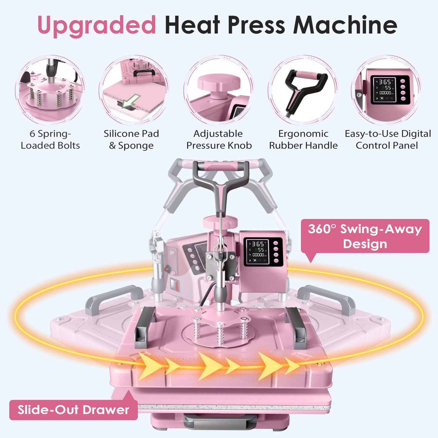 Seeutek 12x15 Inch 5 in 1 Heat Press Machine, 360° Swing Away Sublimation Press with 20oz & 30oz Tumbler Attachments for T-Shirts, Mugs, Hats & Plates, Pink