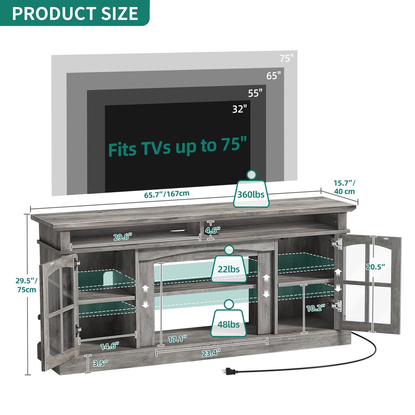 YITAHOME LED Farmhouse TV Stand for 75 Inch w/Outlets, Modern Entertainment Center with Glass Doors and Adjustable Storage Shelves, Media Console TV Cabinet for for Living Room, Grey