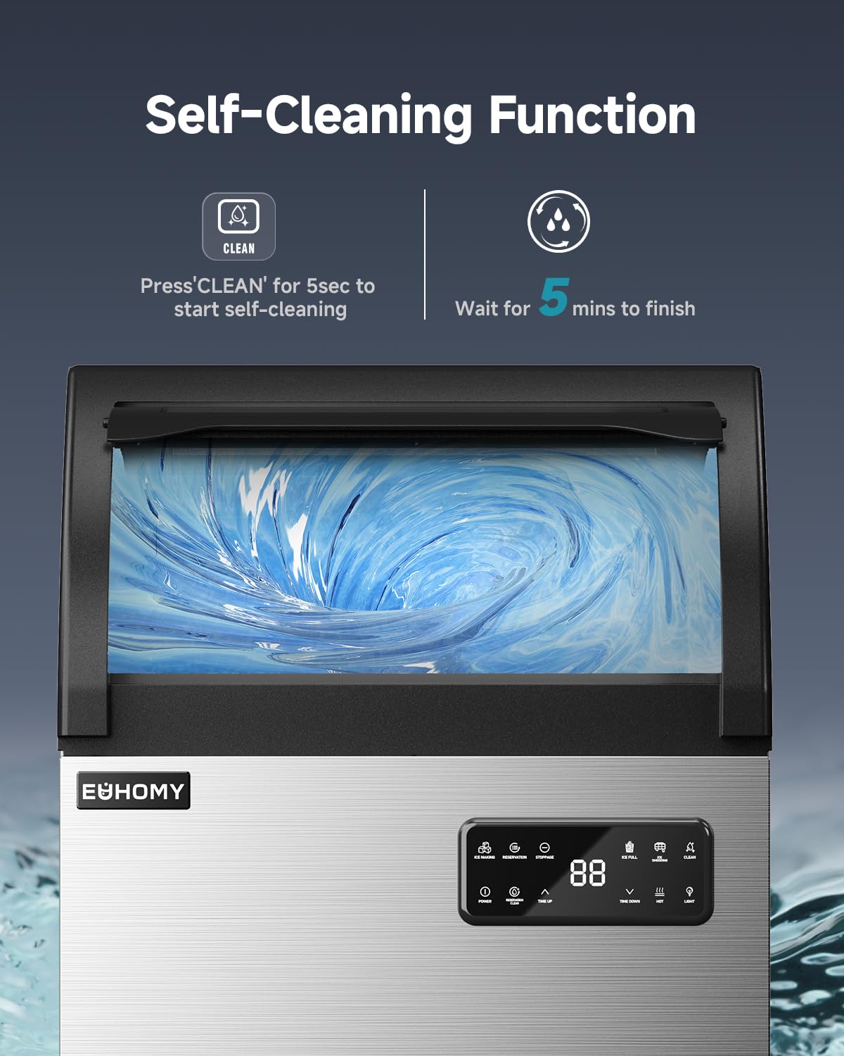 EUHOMY Commercial Ice Maker,250lbs/24H,Stainless Steel Under Counter Ice Machine with Water Filter,33lbs Storage Capacity, 84 Cubes in 8-12 Mins, Freestanding Ice Machine for Home/Bar/Cafe/Restaurant