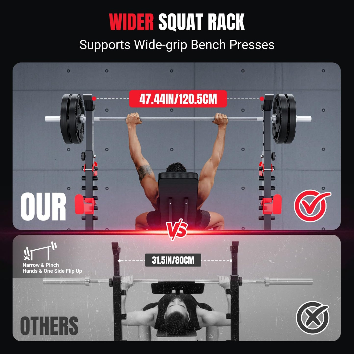 YOLEO Weight Bench with Rack -47.44”Wide Bench Press Set, Safety Catch for Squat, Leg Extension, Preacher Curl & Flat/Incline/Decline Full Body Workout Bench, Adjustable Olympic Weight Benches for Home Gym