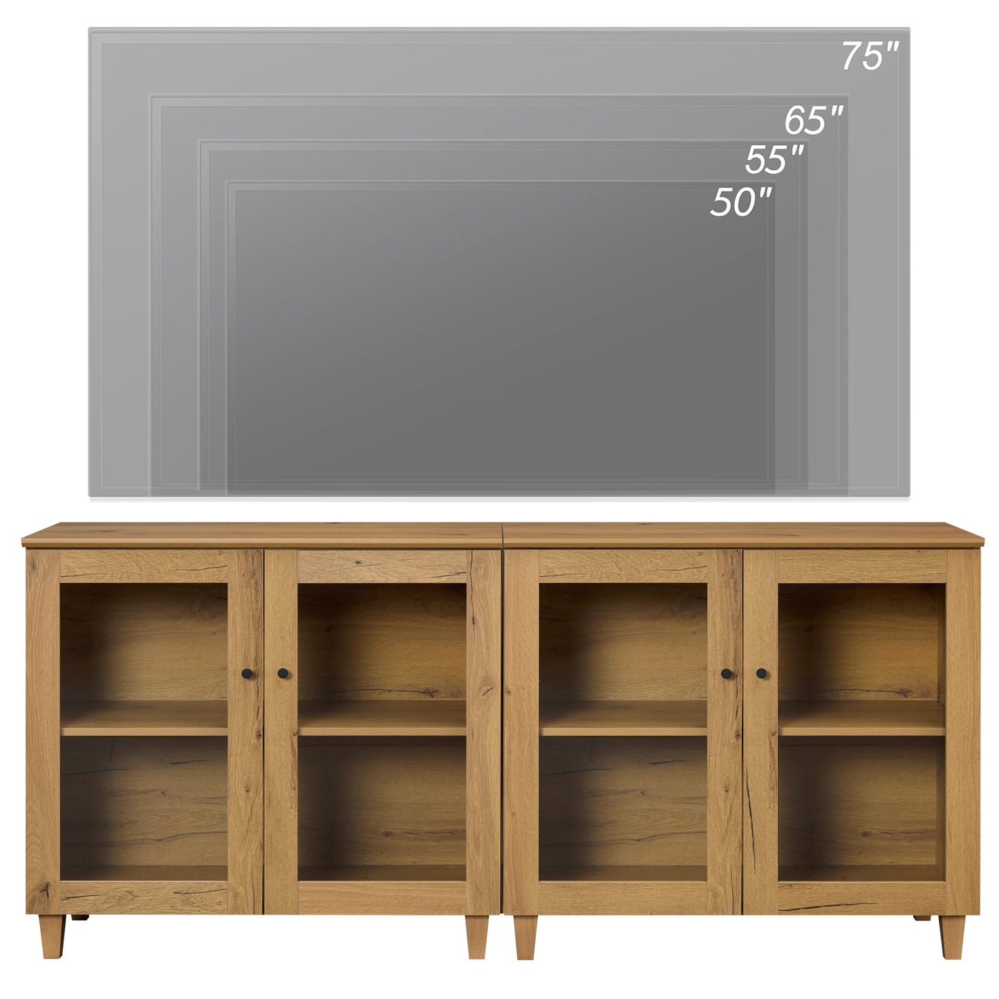 WAMPAT TV Stand for 75+ Inch TV, Media Console w/Glass Doors, Oak Brown