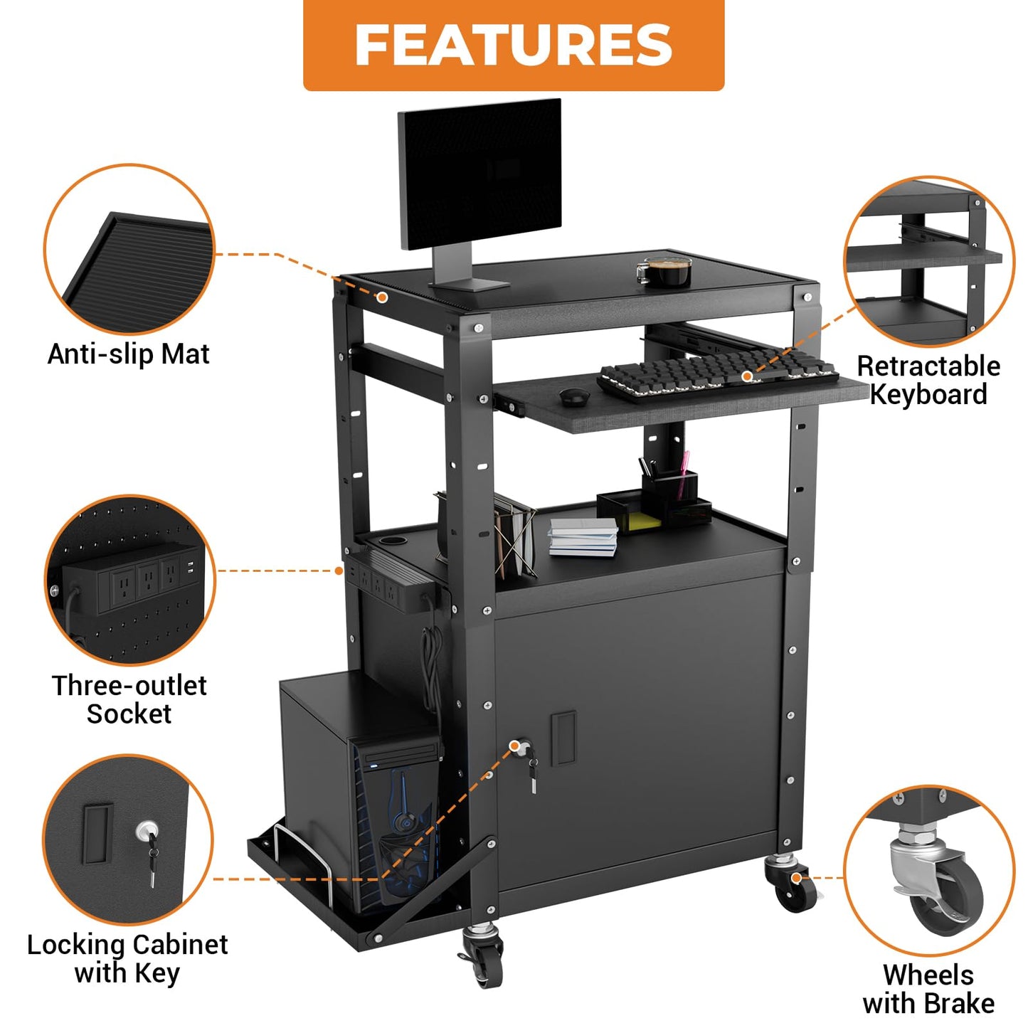 Mobile AV Cart with Side Shelves, Rolling Computer Cart Height Adjustable Rolling Media Utility Cart with Pullout Keyboard Tray Extra Storage Space, 4 Outlets, Perfect for Home or Office Use