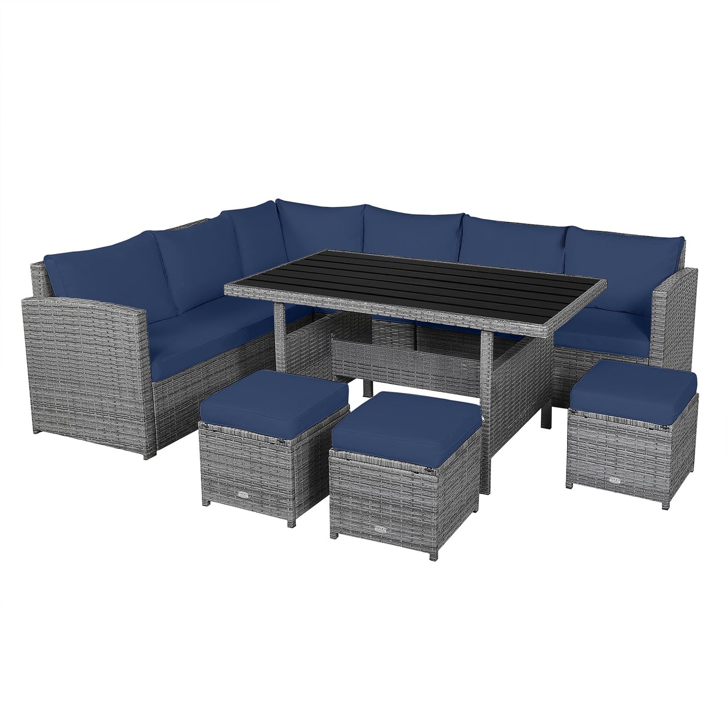 Tangkula 7 Pieces Patio Furniture Set, Outdoor Sectional Rattan Dining Sofa Set with Cushions, All Weather Wicker Conversation Couch Set with Dining Table & Ottomans for Yard Garden Poolside, Navy