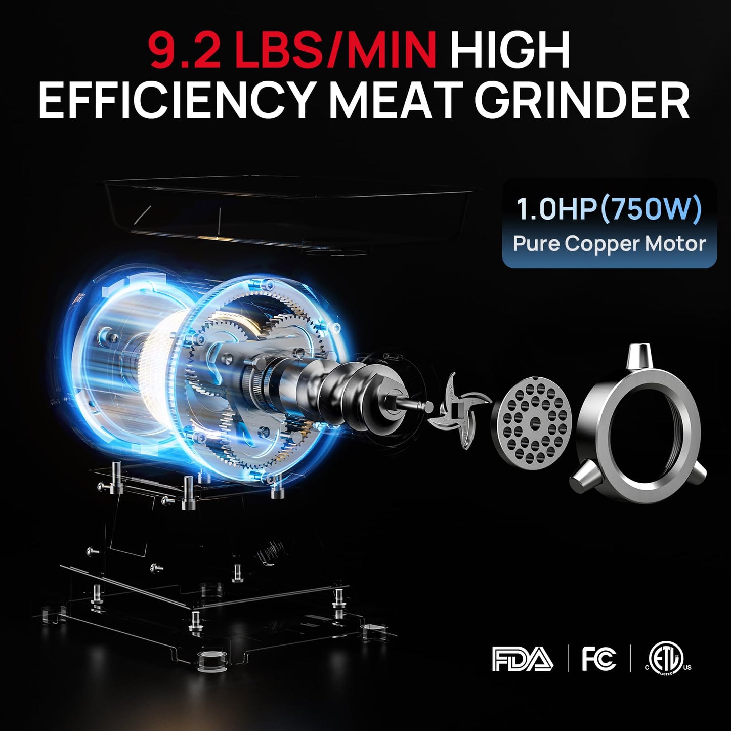 ARINOO Commercial Meat Grinder #22C, 1.0HP Heavy Duty Stainless Steel Industrial Meat Mincer w/2 Blades & Meat Pusher,Electric Meat Grinders for large batches home butchering, or small farm processing