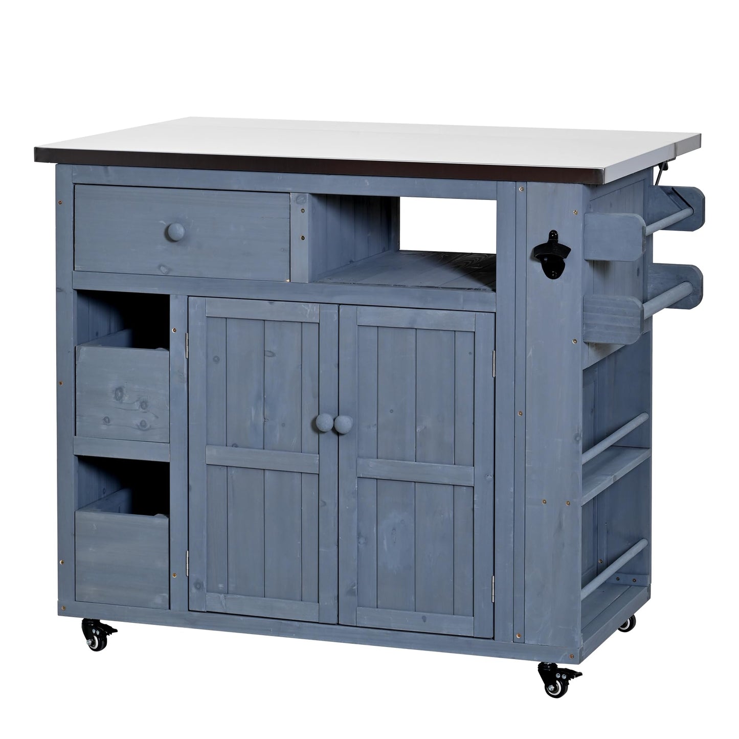 GDFStudio Winford Patio Kitchen Island Cart with Extendable Top, Wooden Outdoor Storage Cabinet with Stainless Steel BBQ Prep Table Top, Drawers, Spice Rack and Lockable Wheels, Potting Bench, Gray