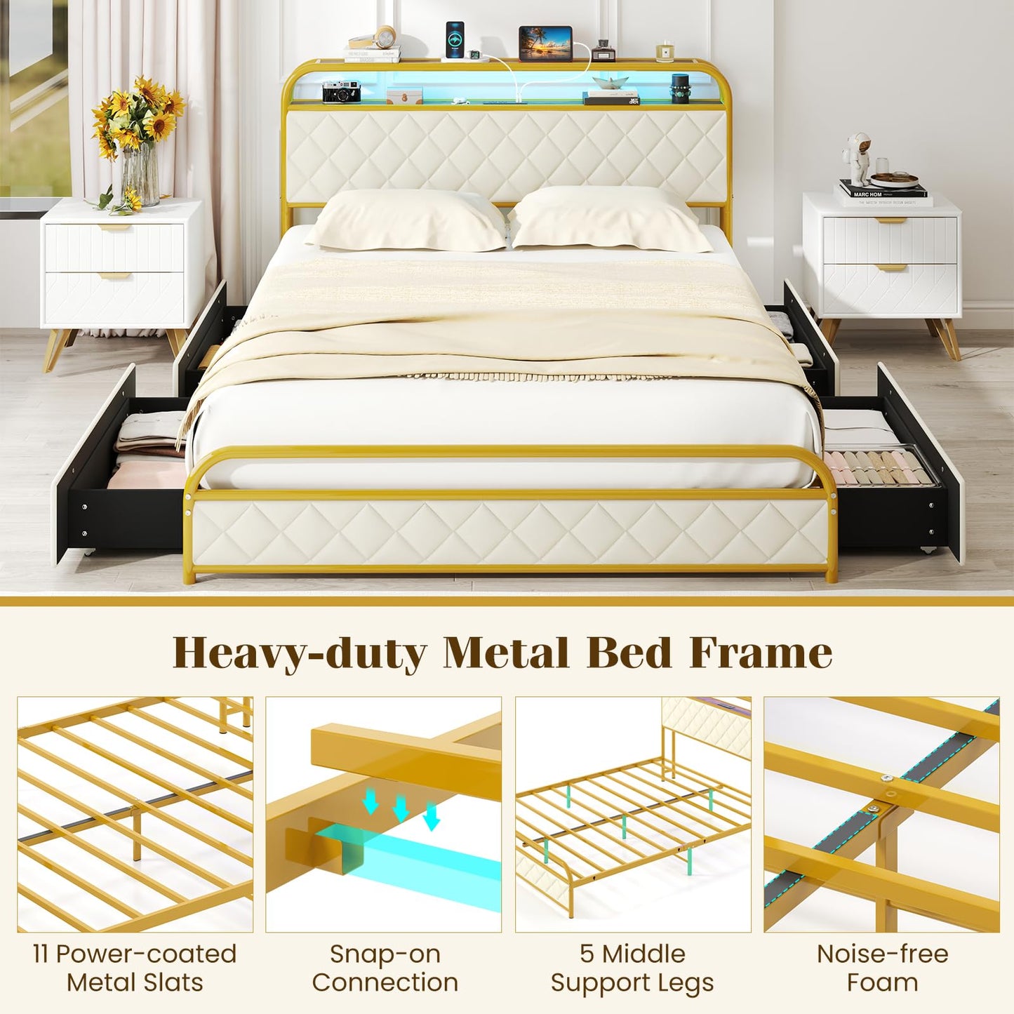 Giantex Queen Bed Frame with 4 Storage Drawers and Charging Station, Queen Size Platform Bed w/LED Lights & Linen Upholstered Headboard, No Box Spring Needed, Metal Queen Storage Bed, Gold & Beige