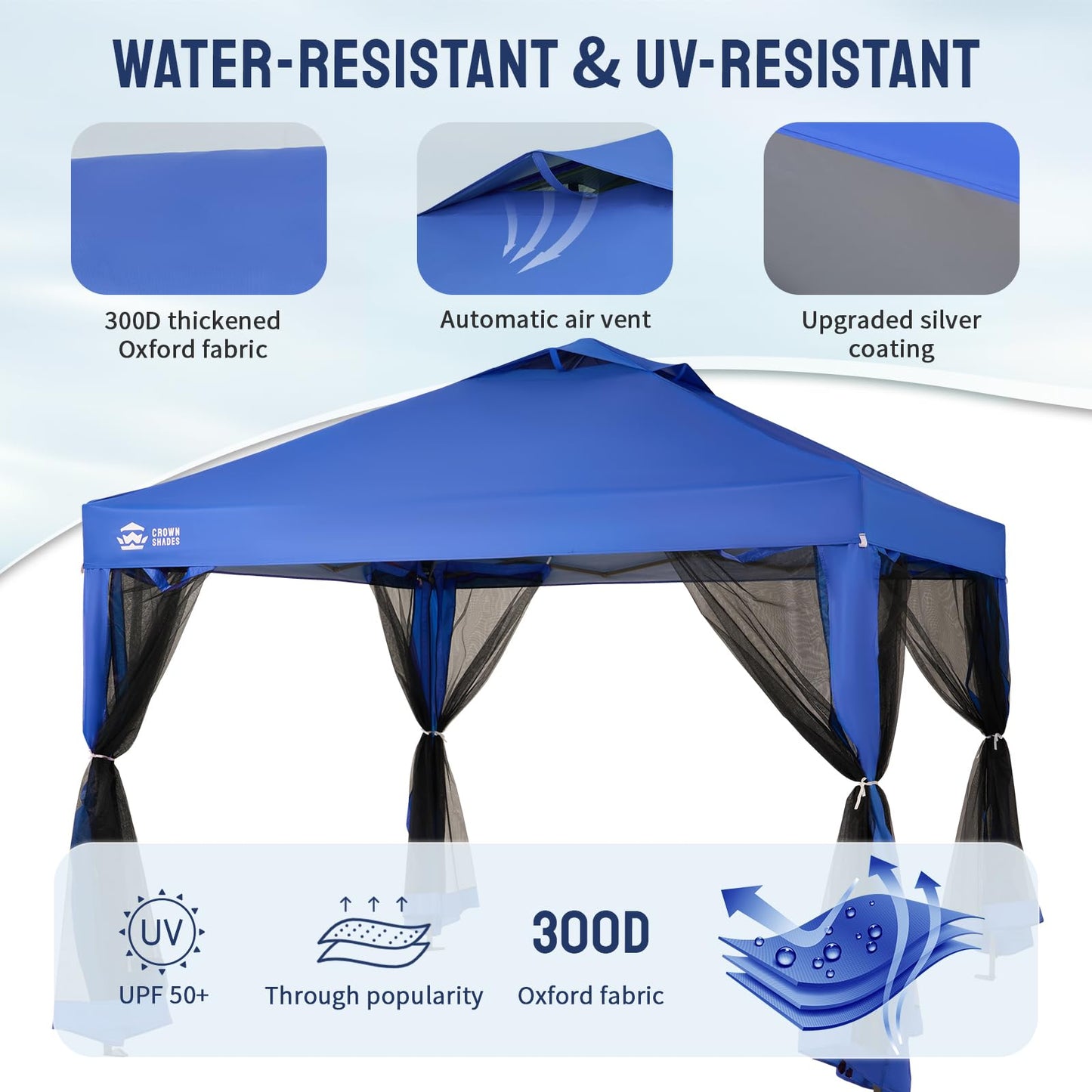 CROWN SHADES Gazebo 10x10 Pop Up Canopy with Mosquito Netting, Screen Tent with 4 Ropes, 8 Stakes, 4 Sandbags and Wheeled Storage Bag, Canopy for Patio & Backyard Parties,Camping&Events -(Blue)