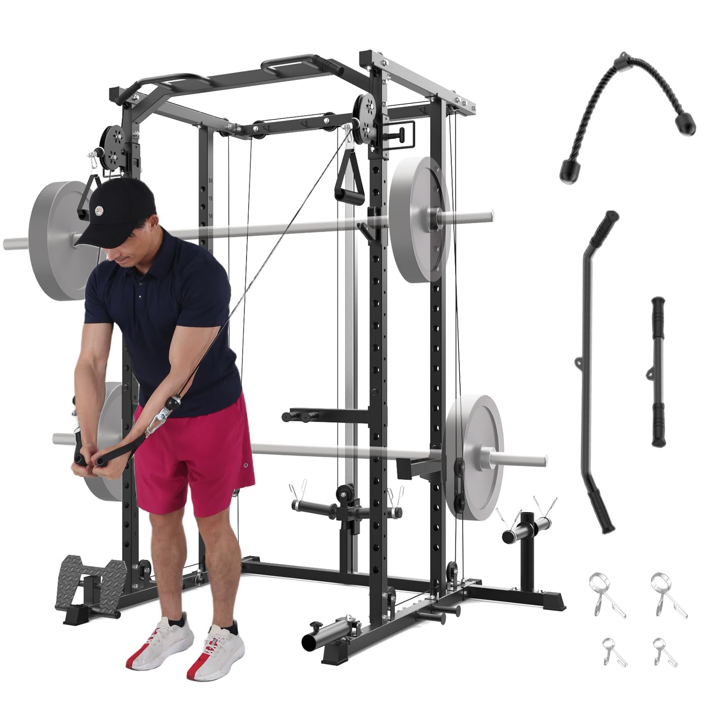 PeakPursuit 2000 LBS Power Cage,All in One Squat Power Rack with Dual Pulley Cable Crossover System,Heavy-Duty Steel Construction Squat Rack for Strength Training Home Gym