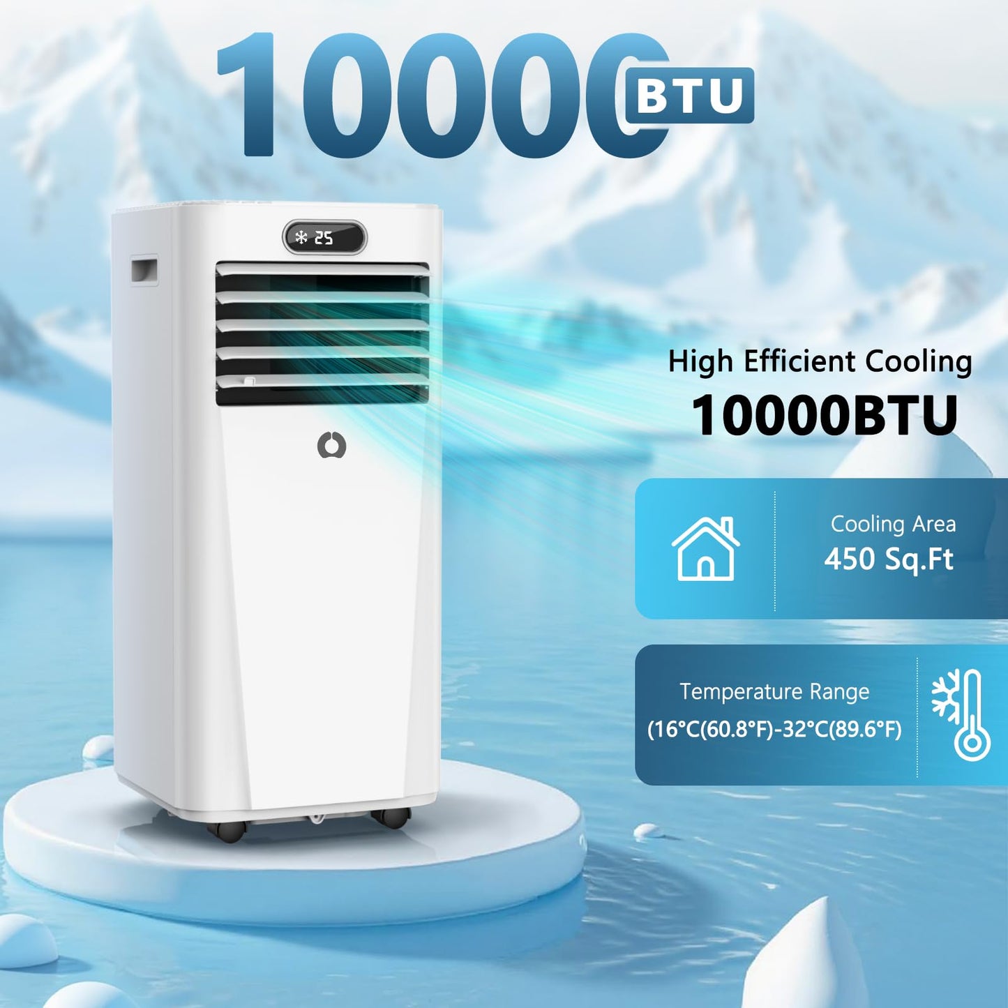 10000Btu Portable Air Conditioners, 4 in 1 Portable AC with Cooling, Dehumidification, Fan, for Medium Rooms (450 Sq.Ft), featuring an Auto-Evaporation System，Silent-Running Standing AC for Bedrooms