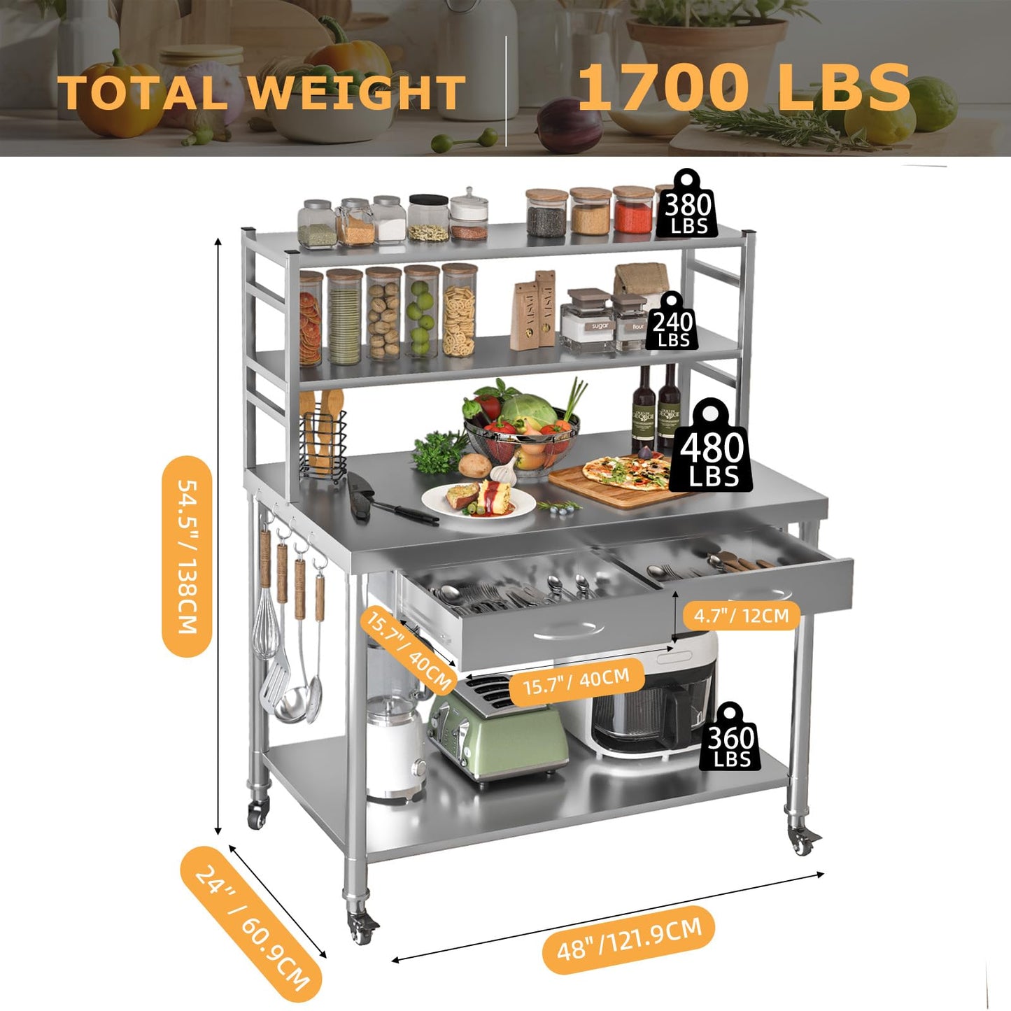 JFHID Stainless Steel Table with Drawer & Shelf, 48”x24” Kitchen Prep Table