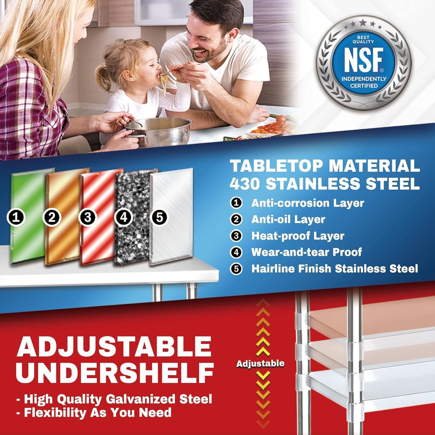 DuraSteel 30x48 Stainless Steel Work Table - NSF Commercial Prep Metal Table - Outdoor Pizza Oven Stand w/Under Shelf - Kitchen Island Laundry Utility Garage Microwave Stand Large Rolling Storage Cart