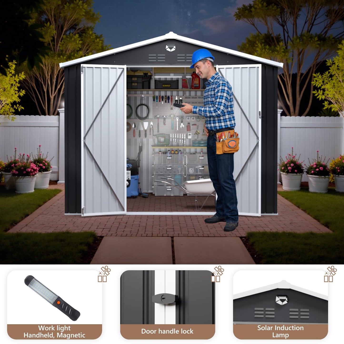 10x8 FT Outdoor Storage Shed, Metal Garden Shed, Storage Tool Sheds with Lockable Doors, Waterproof Outside Storage Building for Backyard, Patio (Black; Floor Not Included)