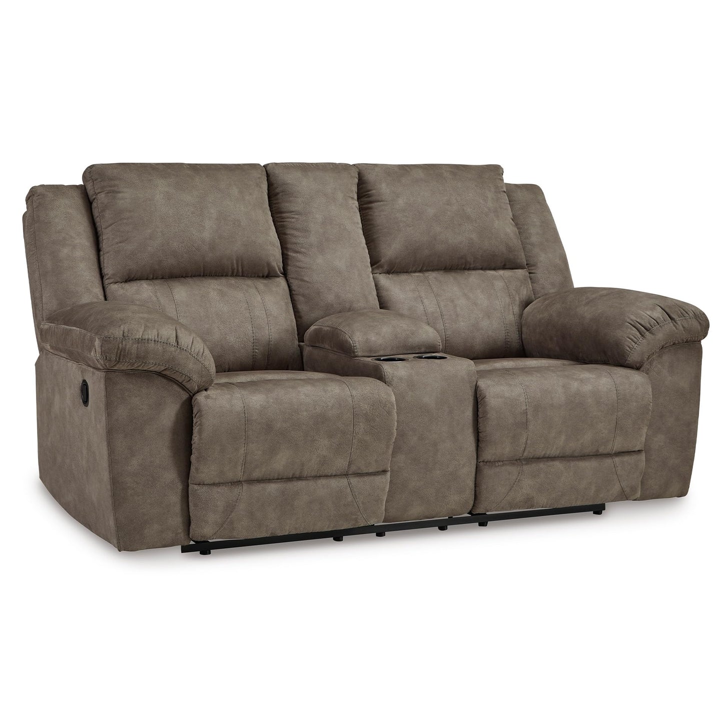 Signature Design by Ashley Laresview Contemporary Faux Leather Manual Double Reclining Loveseat with Console, Storage and Cup Holders, Gray