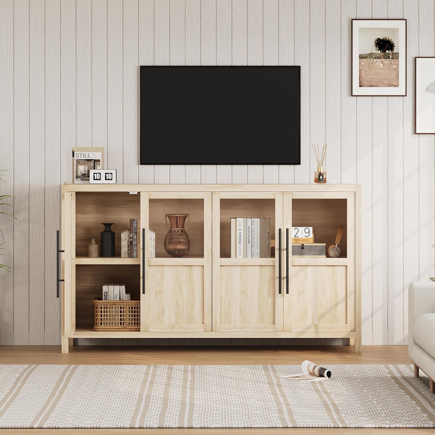 GarveeLife Sideboard Buffet Cabinet with 4 Glass Doors, 55 Inch Coffee Bar Wine Display Cabinet, Modern Storage Console for Kitchen Dining Room Living Room, Natural