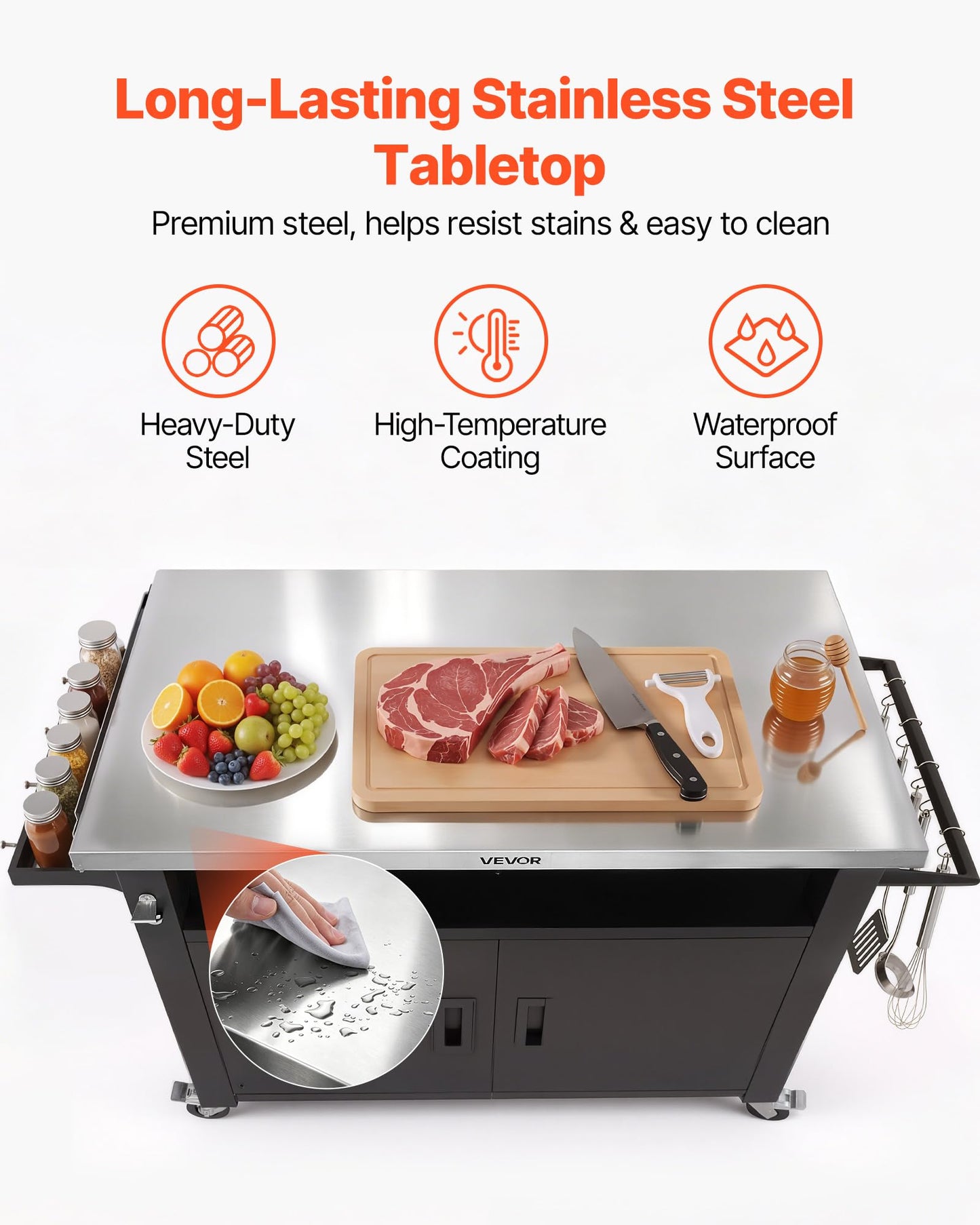 VEVOR Outdoor Grill Cart with Storage Cabinet, 53.1 Inch Grill Table, Waterproof Kitchen Island with Stainless Steel Top, Shelf, and Wheels, Movable Food Prep Station for Patio Bar Backyard BBQ
