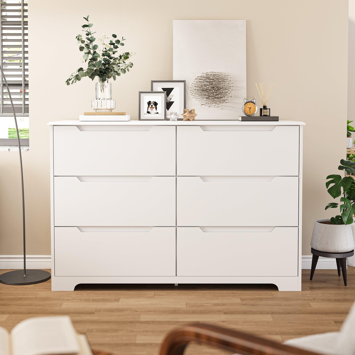Gizoon 6 Drawer Double Dresser for Bedroom with Anti-Tip Design, Modern Wide Wooden Chest of Drawers with Cut-Out Handles, Closet Storage Organizer and TV Stand for Living Room, Hallway, Entryway