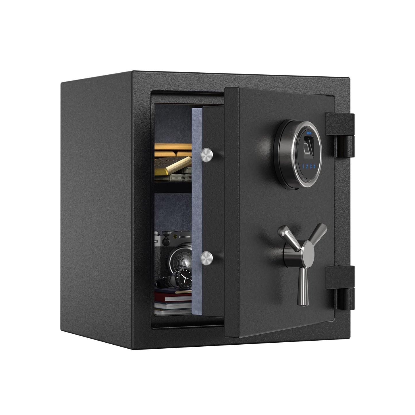 RPNB Deluxe Biometric Fireproof Safe Box,Digital Fingerprint Fireproof Waterproof Safe with Touch Screen,Removable Shelf and 3 Spoke Handle,Home Safes for Cash Documents Jewelry,0.84 Cubic Feet