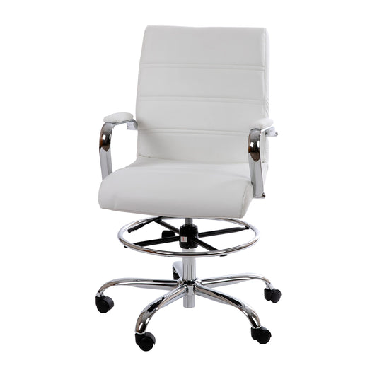 Flash Furniture Whitney Mid-Back Swivel LeatherSoft Drafting Chair with Padded Seat, Armrests, and Foot Ring, Adjustable Office Chair, White/Chrome