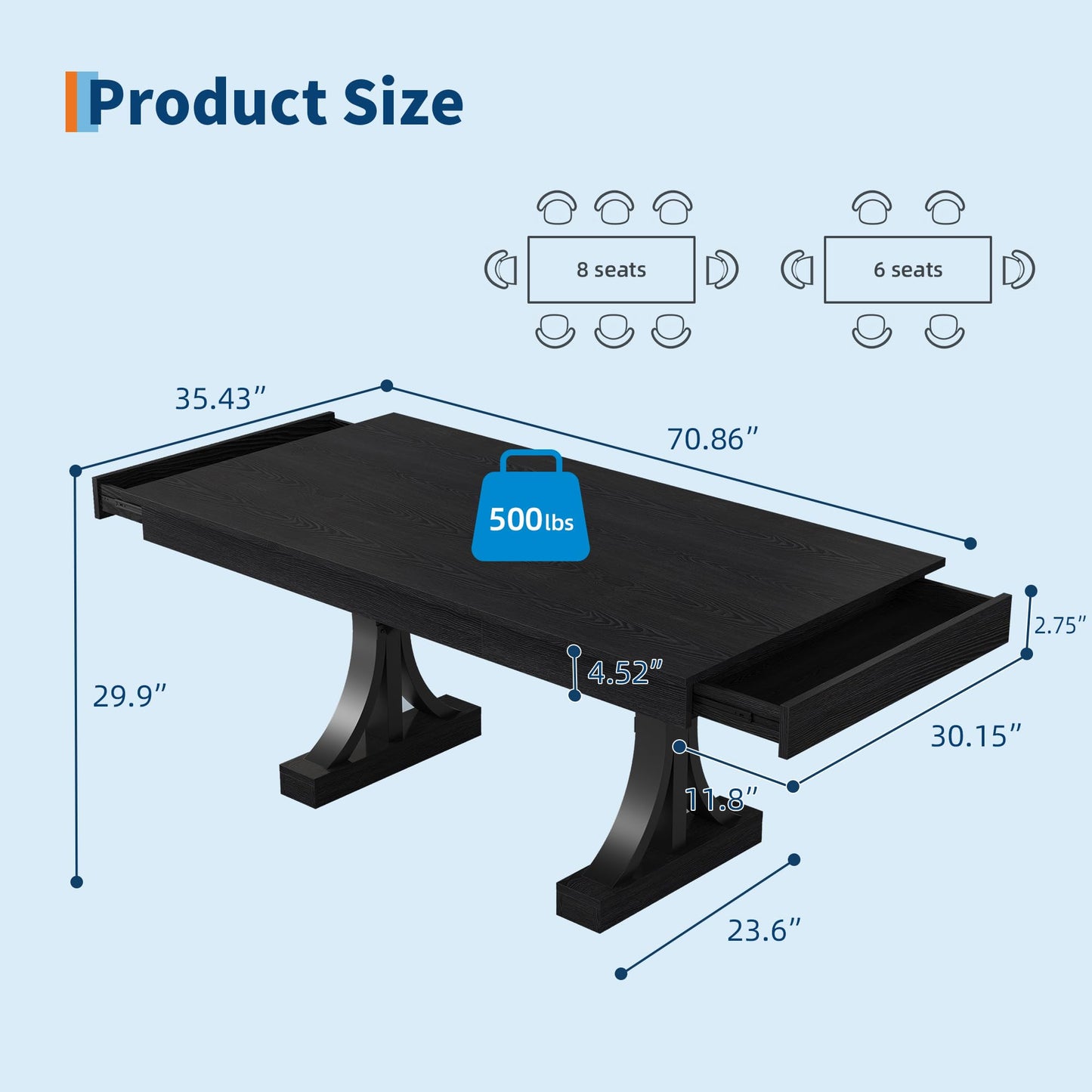 GarveeHome Dining Table for 6-8 with 2 Drawers,71-Inch Industrial Dining Table with Large Tabletop & Sturdy Frame, Rectangular Wooden Kitchen Table with Double Pedestal, for Dinner， Rustic Black