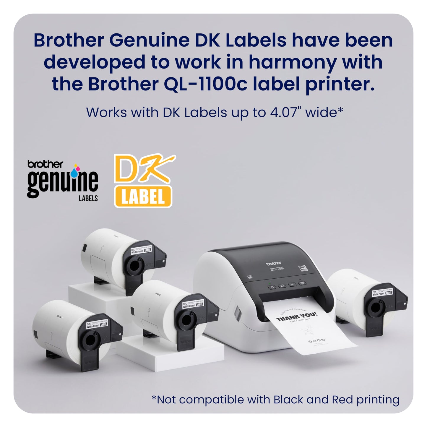 Brother QL-1100c Bundle, Wide Format Label Printer, Prints Postage Labels, Barcode & QR Code, USB Connectivity, Plus 4 Rolls of Genuine DK Label Tapes DK-1247 4.07” x 6.4” Die-Cut Shipping Labels