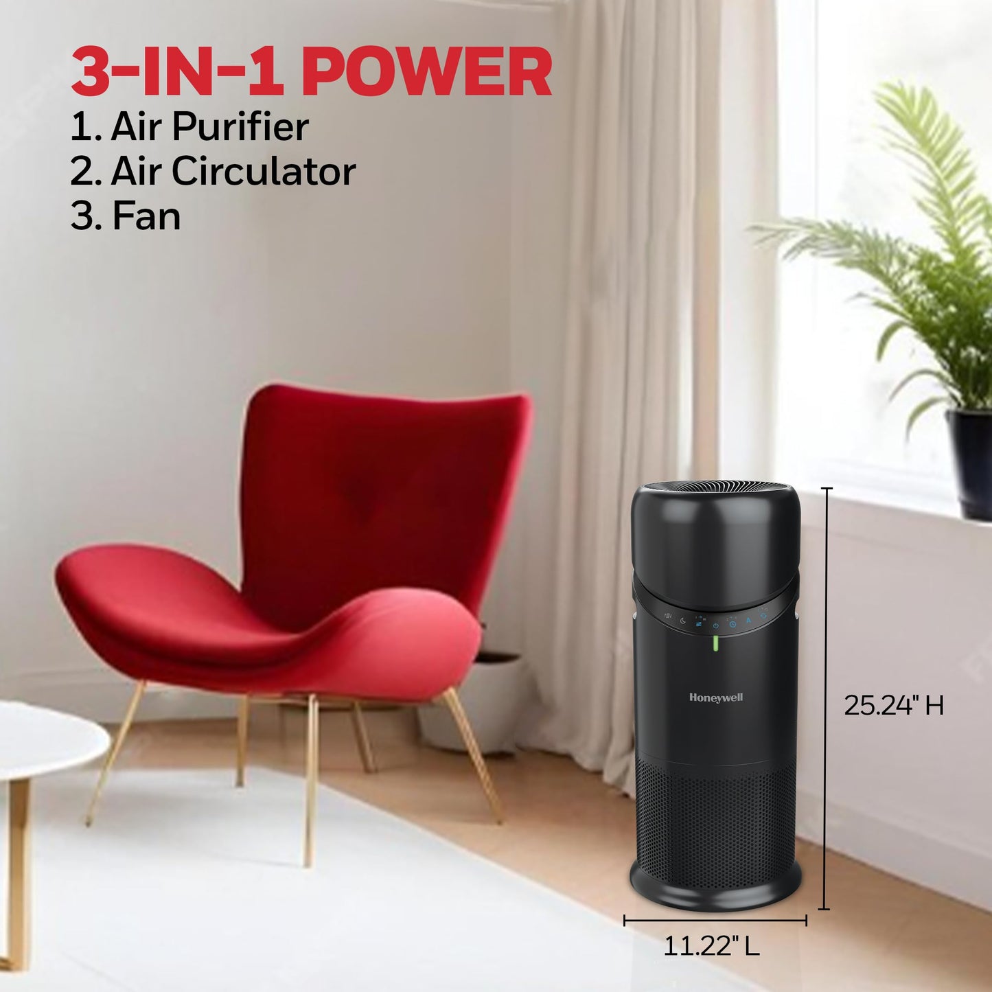 Honeywell Allergen Plus™ 3-in-1 HEPA Air Purifier, Standing Fan & Air Circulator, 1928 Ft² Rooms in 1 Hour, Quality Sensor, Sleep Mode, Reduces Allergens, Pet Dander, and Odors, Black, HPA6000B