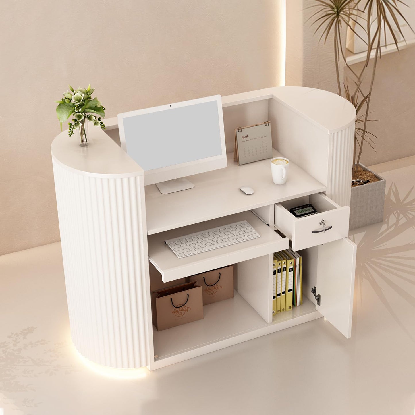 Modern Reception Desk with Counter - Curved Front Checkout Page with Led Lighting, Lockable Drawers, Hidden Cable Management and Wood Construction, Salon Reception Desk for Beauty Salons