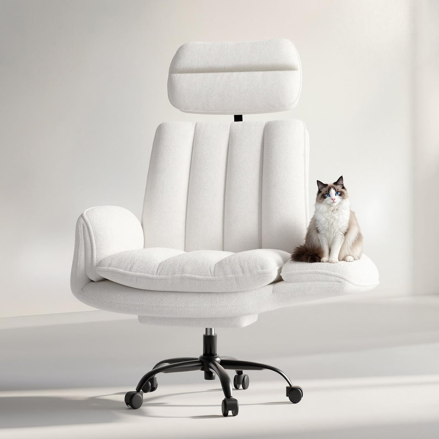 HOMRELEXA Criss Cross Office Chair with Armrests & Wheels, Comfy Velvet Vanity Chair, Ergonomic Executive Gaming Computer Chairs with Foot Rest, Wide Seat Reclining Desk Chair, White