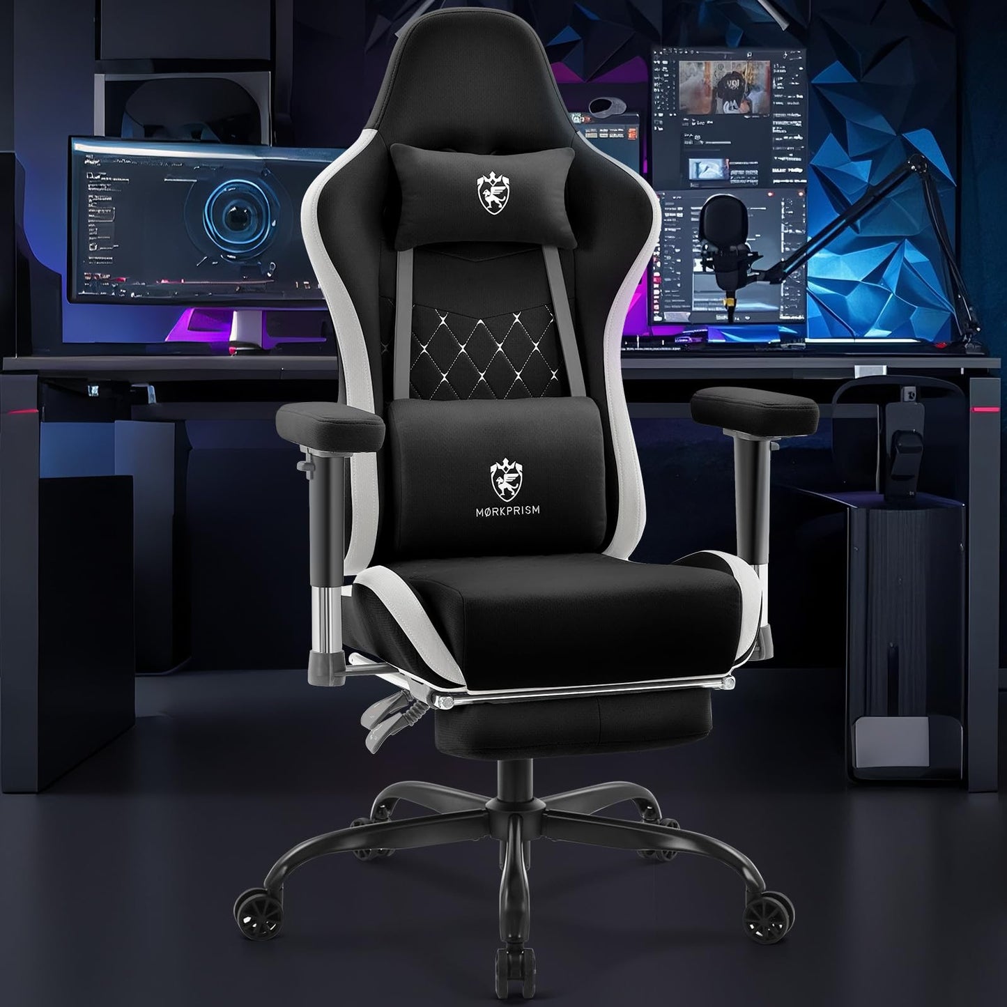 Morkprism Gaming Chair Breathable Fabric,Computer Office Chair with Footrest,Massage Lumbar Support and Gel Pad,Ergonomic Reclining Gamer Chair with Adjustable Armrests and Spring Cushion Black Grey