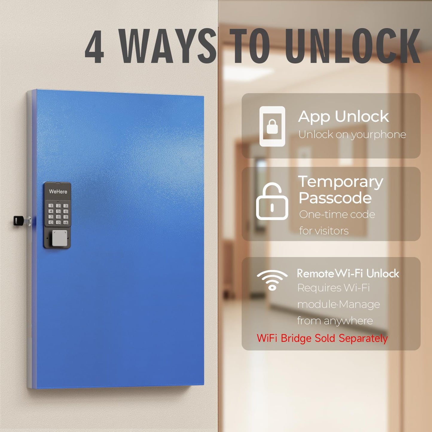 WeHere 96-Key Smart Key Lock Box, Wall-Mount Key Cabinet with Key Management App(Track Key Borrow/Return), Keypad, Bluetooth & WiFi Unlock (Sold Separately) for Commercial, School, Rental, Office