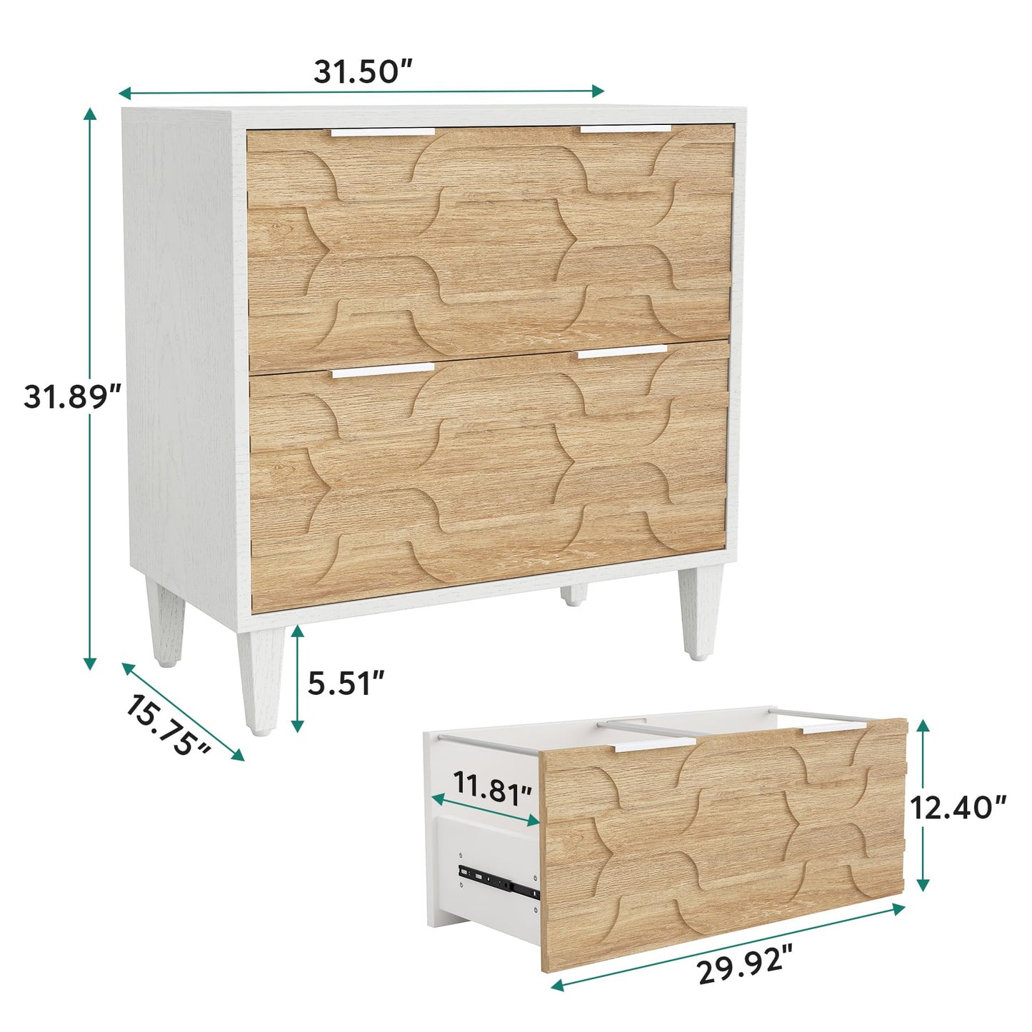 LITTLE TREE 2-Drawer File Cabinet, Lateral Filing Cabinet for A4/Letter/Legal Size, Office Storage Cabinet, Printer Stand with Storage Drawer for Home Office, Wood & White