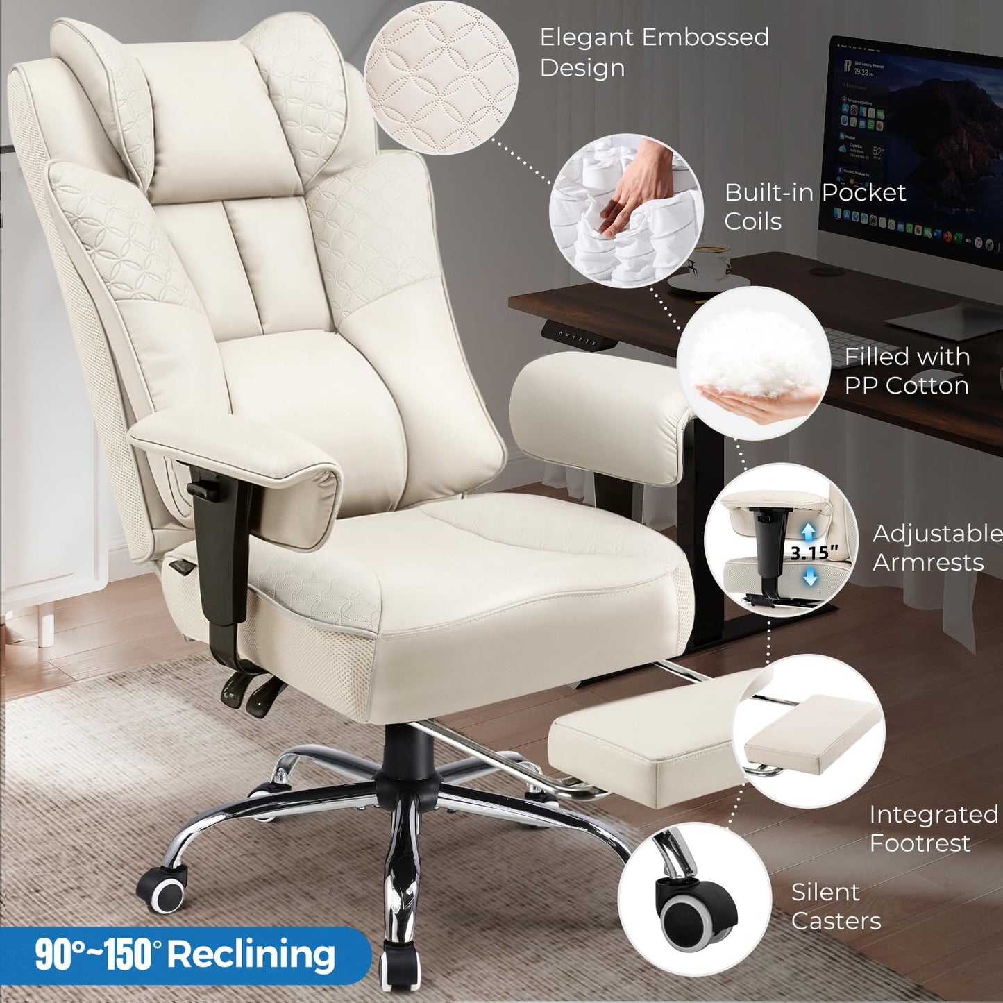 GTPLAYER Big and Tall Office Chair, Wide Ergonomic Gaming Chair with Deluxe Embossing Designed Leather with Foot Rest,150°Reclining Adjustable Soft Armrests Pocket Spring Back Support and Pillow