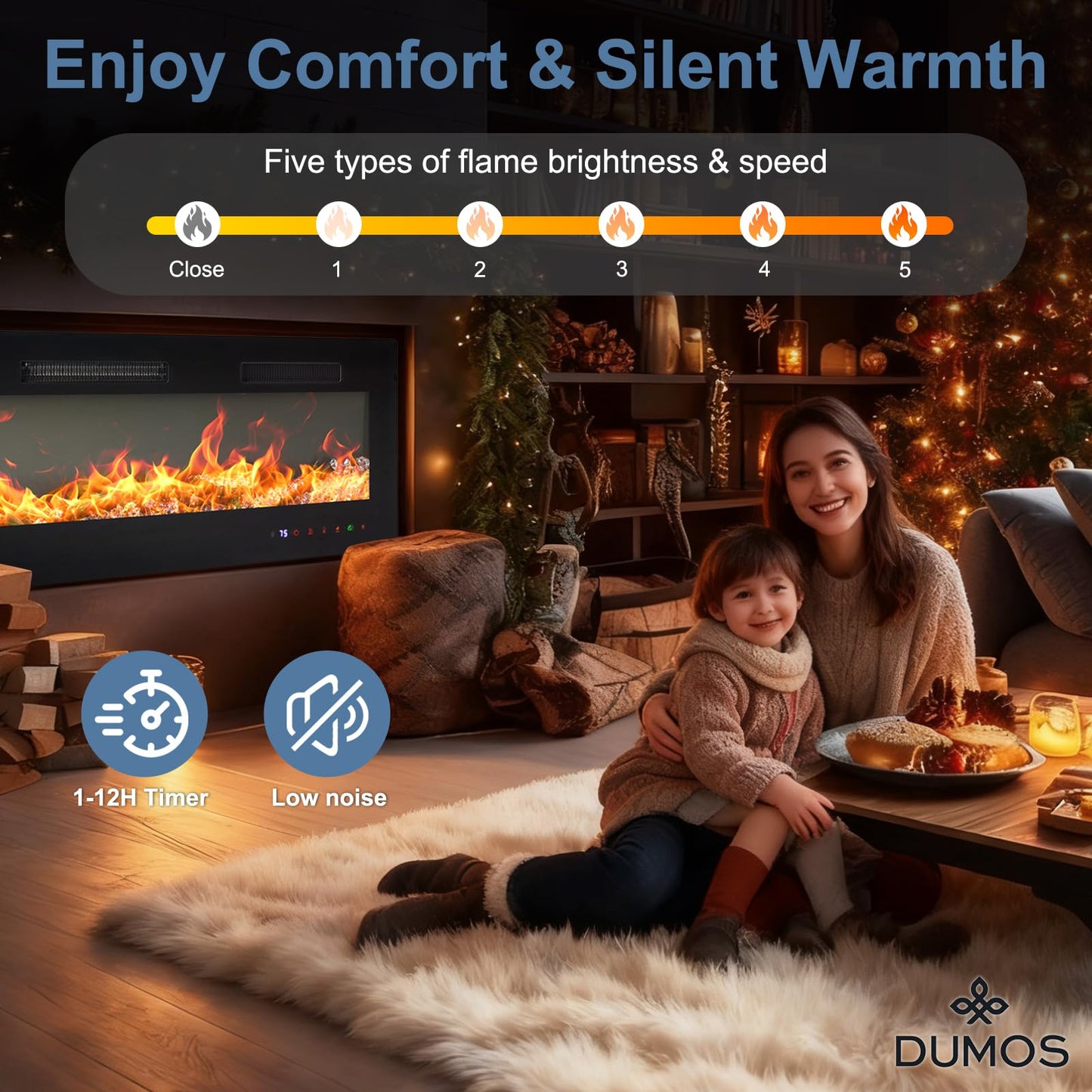 DUMOS 60 Inch Electric Fireplace Wall Mounted/Recessed/Free Standing Space Heater with Remote Control Adjustable Flame Colors Touch Screen Energy Saving, Black