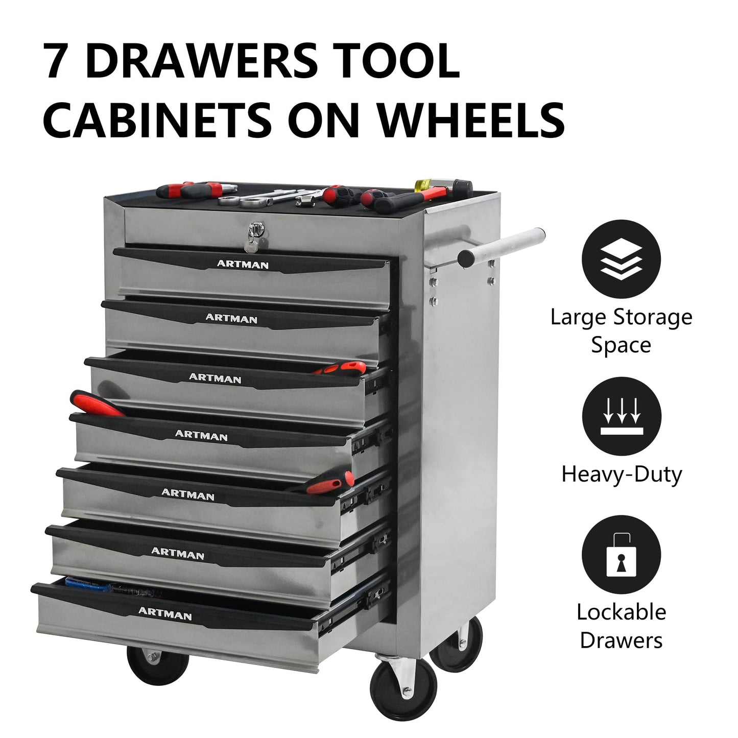 KEIKI Rolling Metal Tool Box with 7 Drawers, 20" Steel Tool Storage Box Organizer, 7 Drawer Tool Chest with Ball Bearing Drawer Slides, Silver