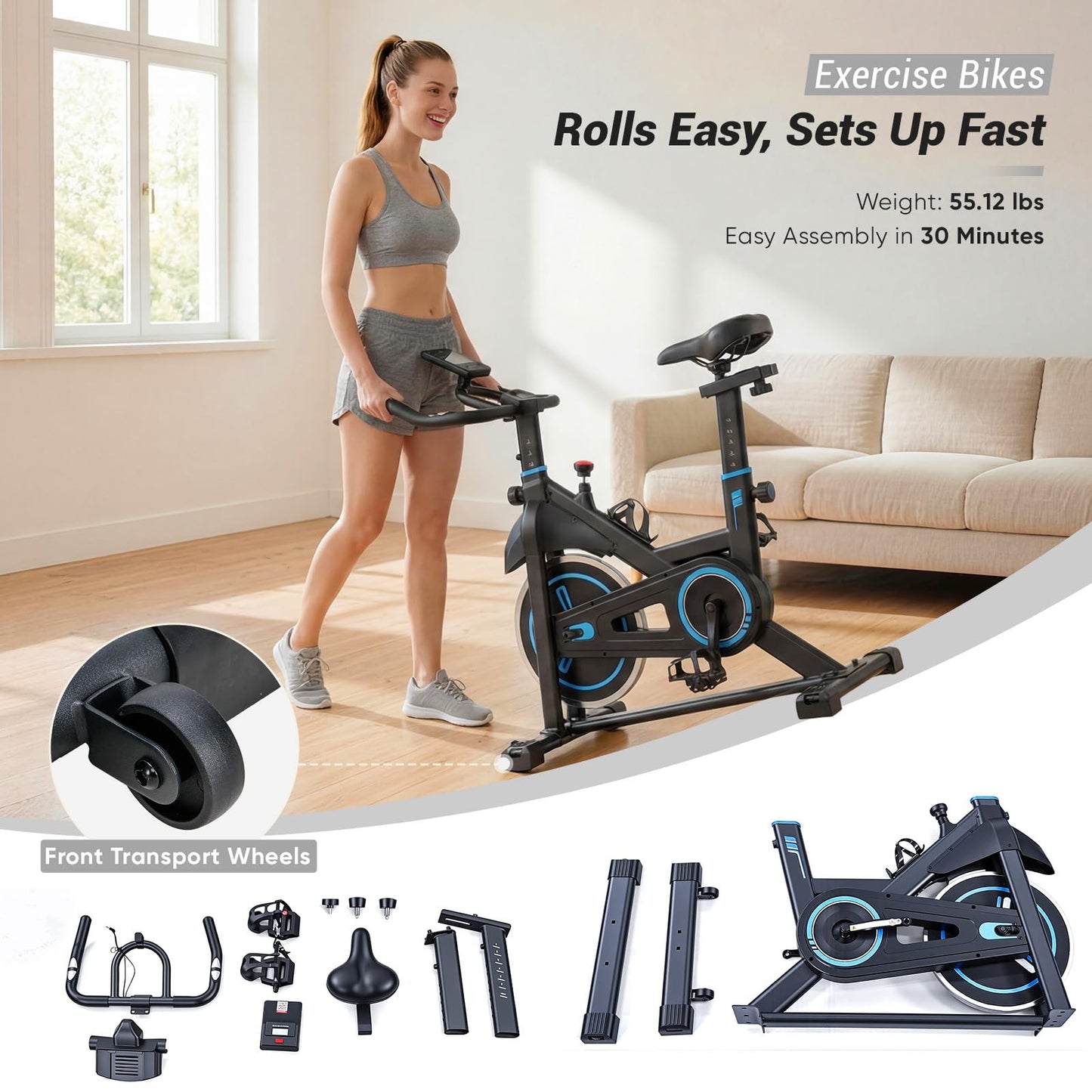 DUMOS Exercise Bike with APP, Stationary Bikes for Home, Workout Bike for Adults & Seniors, Adjustable Height and Resistance, Low Noise, 265lbs Weight Capacity, Easy Setup, Black&Blue
