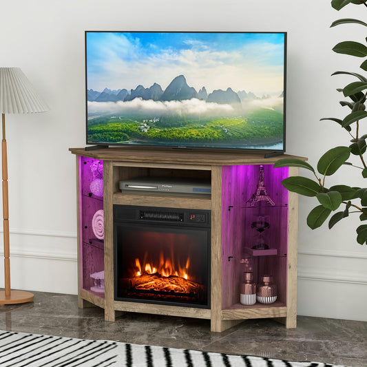 MAT EXPERT Electric Fireplace Corner TV Stand for TV Up to 50 Inch, Entertainment Center w/ 19 Inch Fireplace, 3 Brightness, 16-Color LED Lights & APP Control, TV Console with Fireplace (Gray)