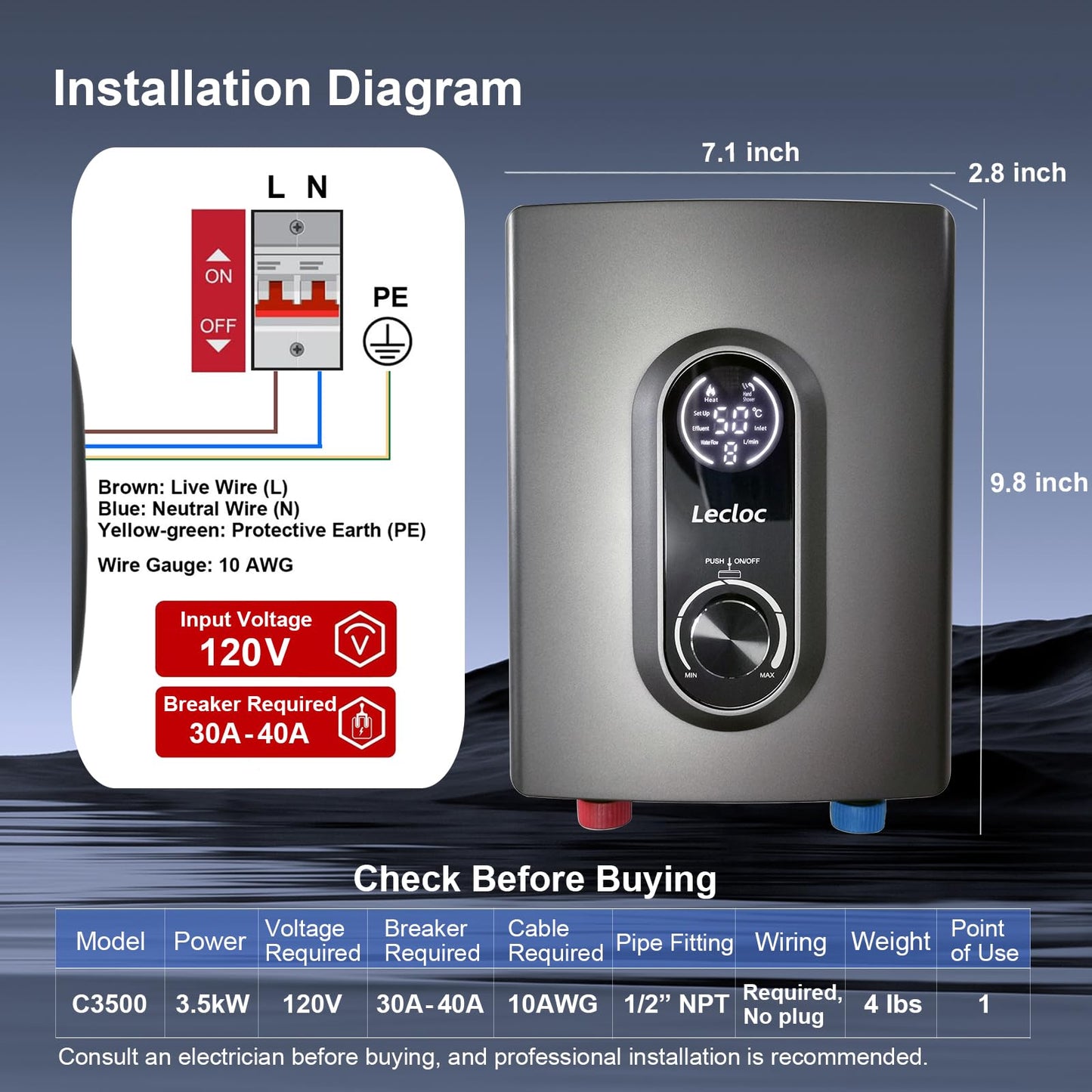 LECLOC Mini Instant Under Sink Tankless Water Heater 120V 3500W (Hard-wired), LED Digital Display with Big Knob, IPX4, Multiple Safety Features, 30-55℃ Thermostatic Point of Use Electric Water Heater