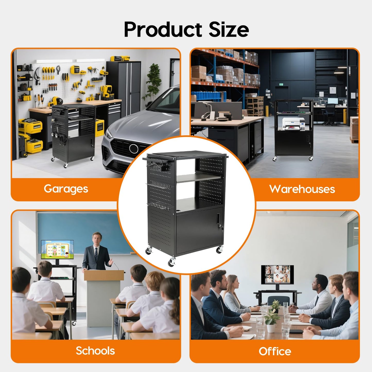 AV Cart with Wheels, Lockable Multimedia Computer Cart with Power Strip, Mobile Projector Cart with Pull-Out Keyboard Tray, Steel Cabinet Storage, Pegboard & Hooks for Classroom Office School