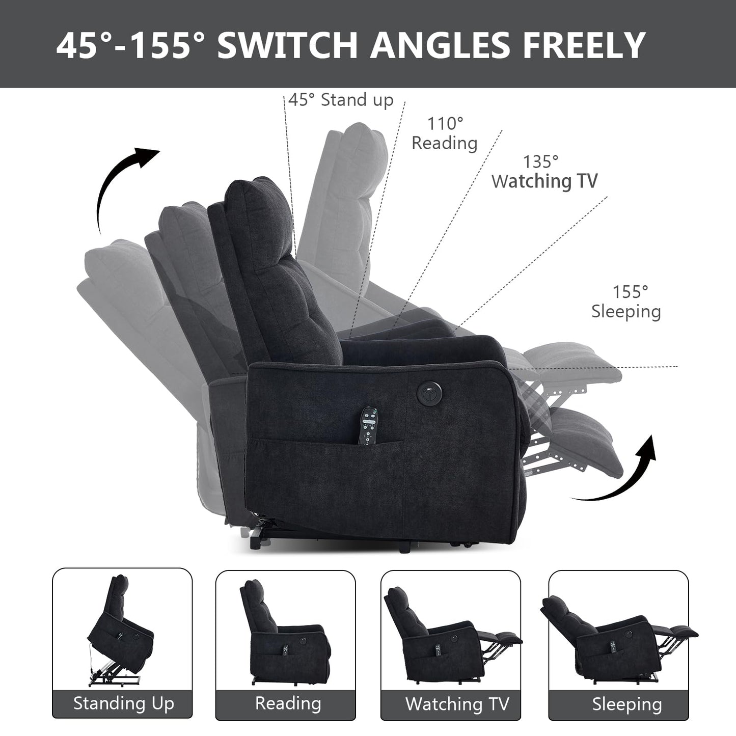 KEIKI Single Motor Power Lift Recliner Chair with Massage and Heat for Home Theater, Soft Fabric Finish with USB Charging Port and Motion Mechanism for Elderly