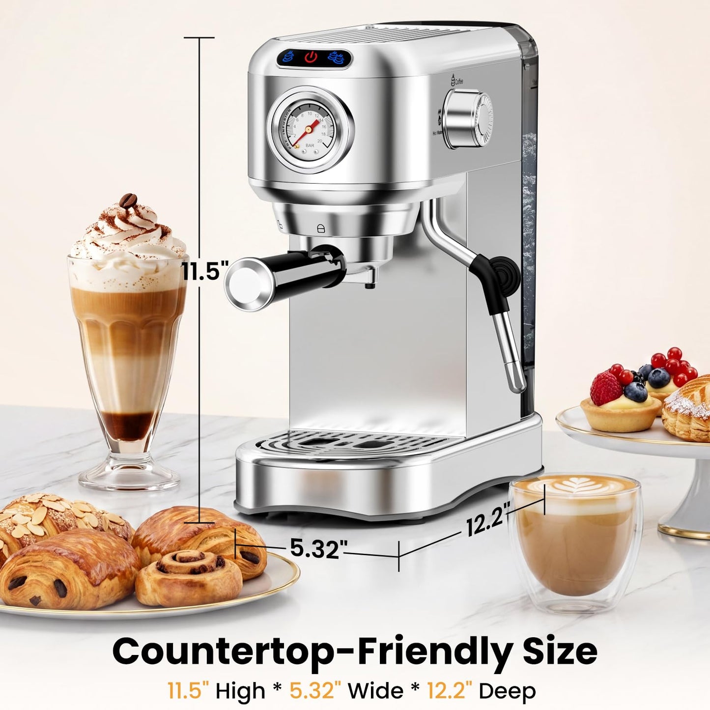 Espresso Machine 20 Bar, Compact Espresso Coffee Machine with Milk Frother, Stainless Steel Coffee Maker with 34oz Removable Water Tank, Cappuccino Machine for Home, Office, Fathers Day Dad Gifts