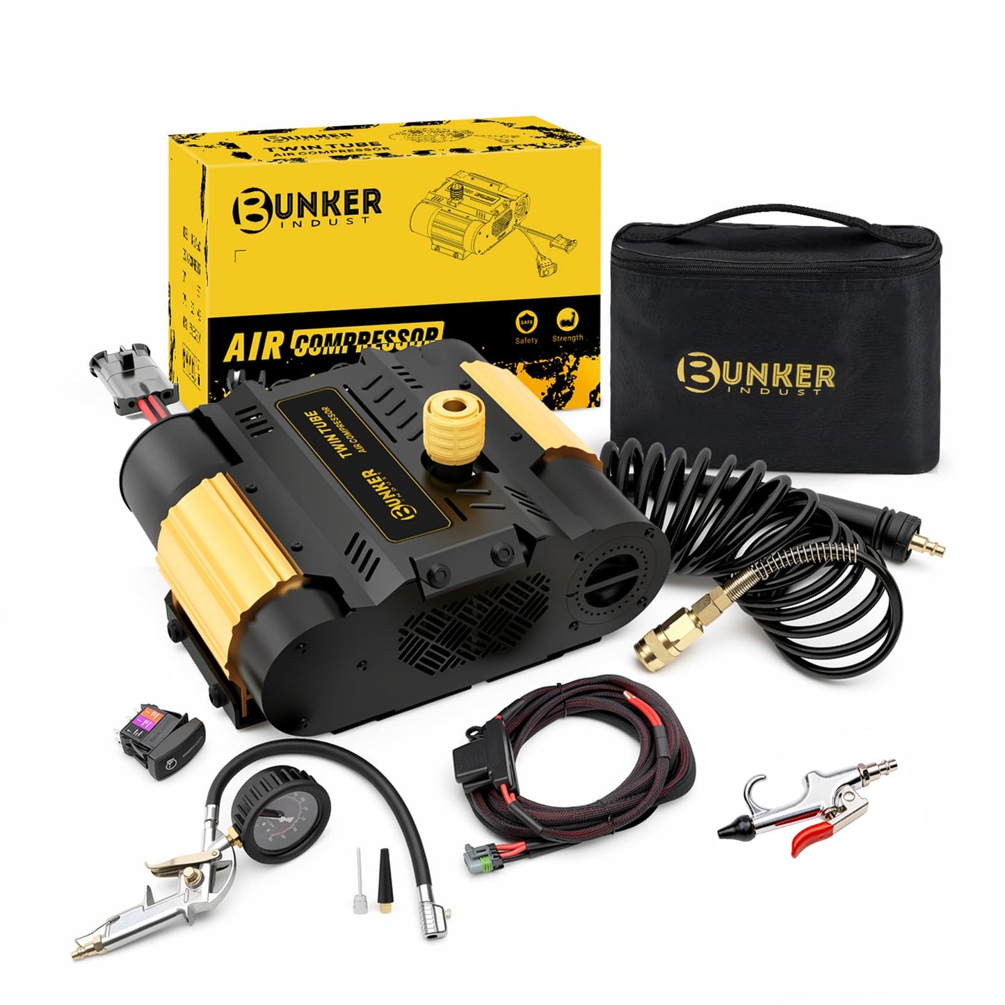 BUNKER INDUST 12V Twin Motor Air Compressor Offroad On-Board Air Pump Tire Inflator with Pressure Gauge Max 150 PSI for 4x4 Vehicle Tires