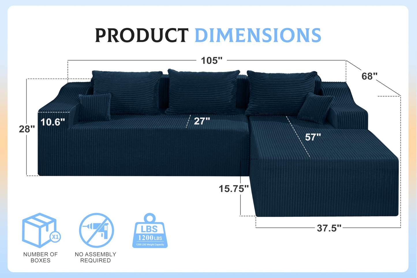 HABUTWAY 105" Modular Sectional Couches for Living Room, Boneless Couch with L-Shape Chaise,Comfy Sofa Living Room Sofas with Deep Seat,No Assembly, Corduroy Fabric(Blue,Right)